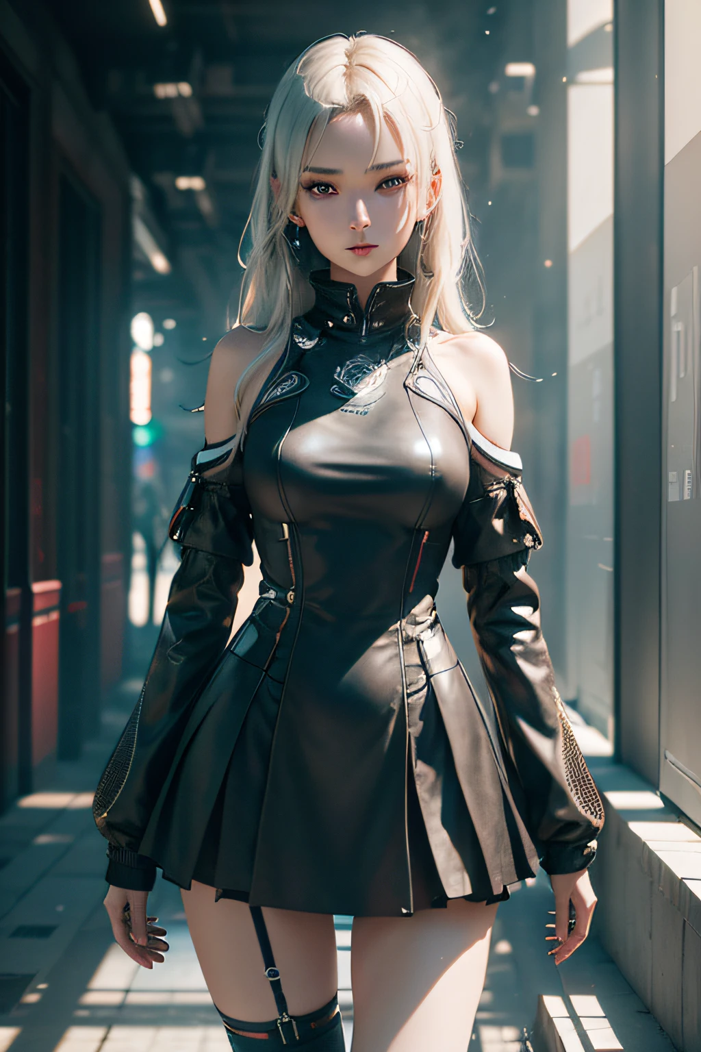 ((top-quality)), ((​masterpiece)), (detaileds:1.4), 。.3D, Blue Eyes Slender、a short skirt、Beautiful Cyberpunk Woman Image,nffsw(HighDynamicRange),Ray traching,NVIDIA RTX,Hyper-Resolution,Unreal 5,Sub-surface scattering,PBR Texturing,Postprocess,Anisotropy Filtering,depth of fields,Maximum clarity and sharpness,multi-layer texture,Albedo and specular maps,Surface Shading,Accurate simulation of light-material interactions,perfectly proportions,Octane Rendering,Two-tone lighting,Wide aperture,Low ISO、White Balance、thirds rule、8K Raw、