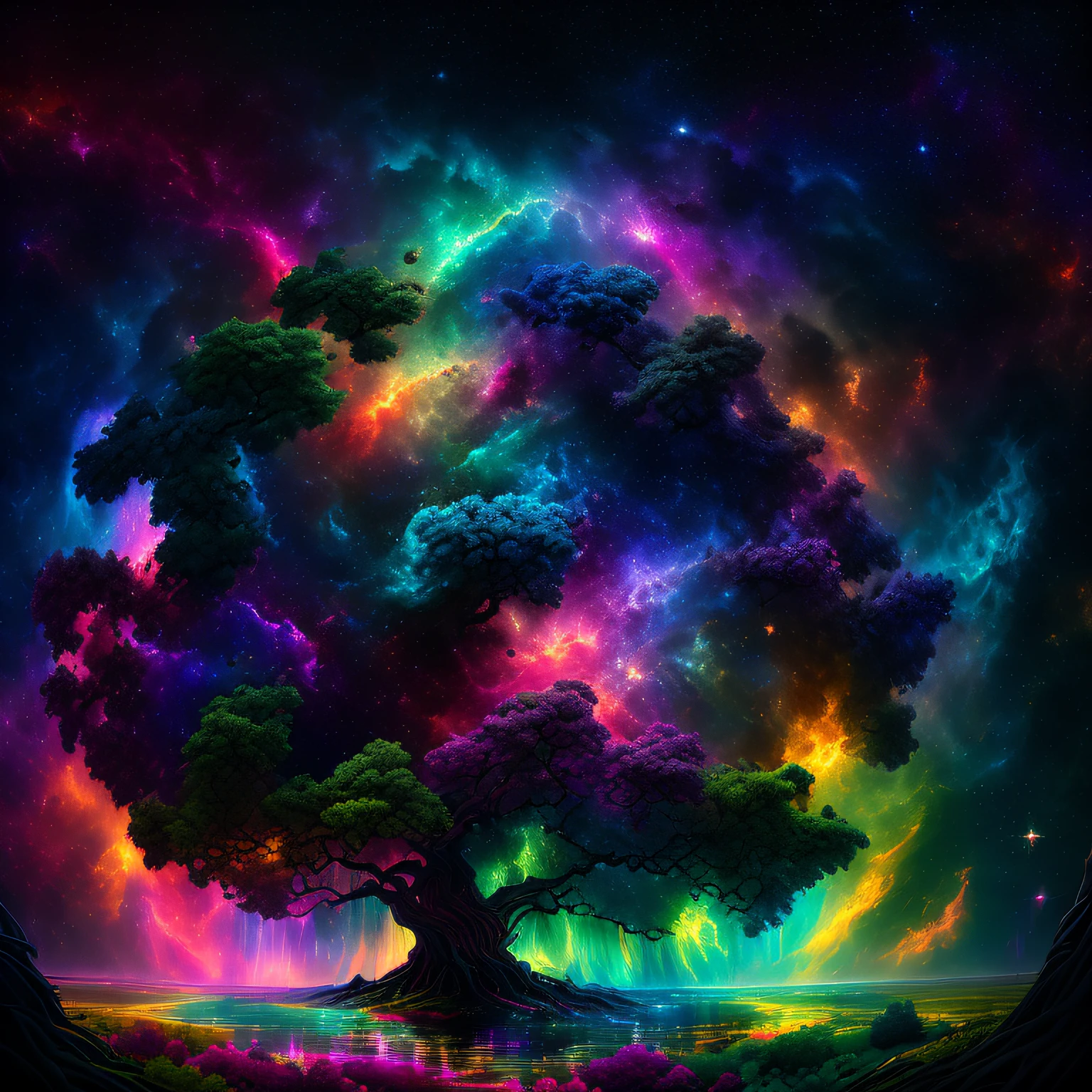 masterpiece
The Birth of Creation, lush trees reflecting energetic and colorful streams of light in the magnificent galactic sky, professional color grading, soft shadows, no contrast, clean and sharp focus, cinema film photography, surreal:: Nebula:: 1 Wide Angle Lens:: 1 Defocus::
High Resolution, High Resolution, 16K