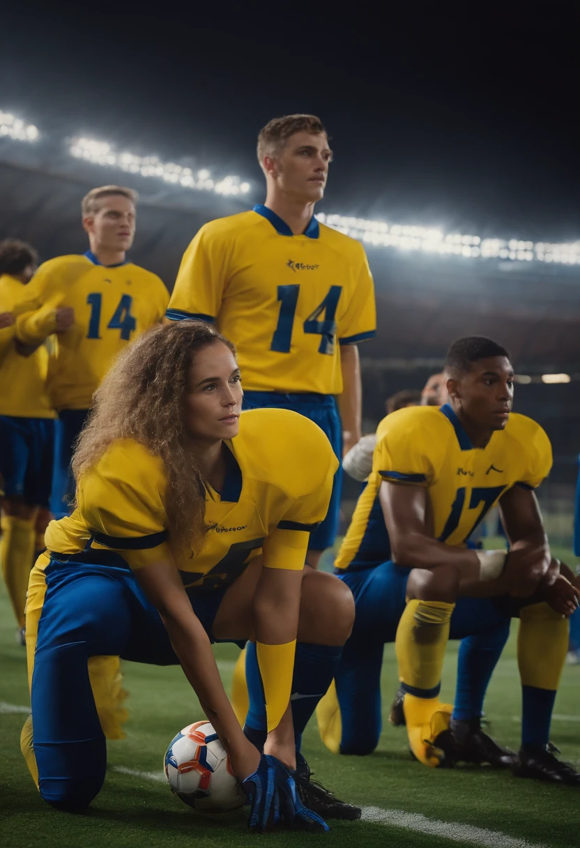 quero uma imagem estilo capa de filme, com um minerador jogando futebol americano, com uniforme em amarelo com detalhes azul, Blue pants with yellow detail, usando uma camiseta com o numero 14