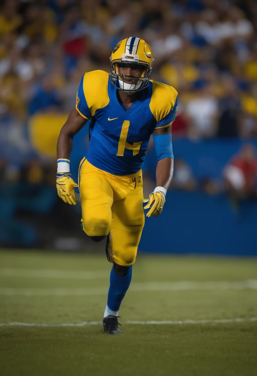 quero uma imagem estilo capa de filme, com um minerador jogando futebol americano, com uniforme em amarelo com detalhes azul, Blue pants with yellow detail, usando uma camiseta com o numero 14