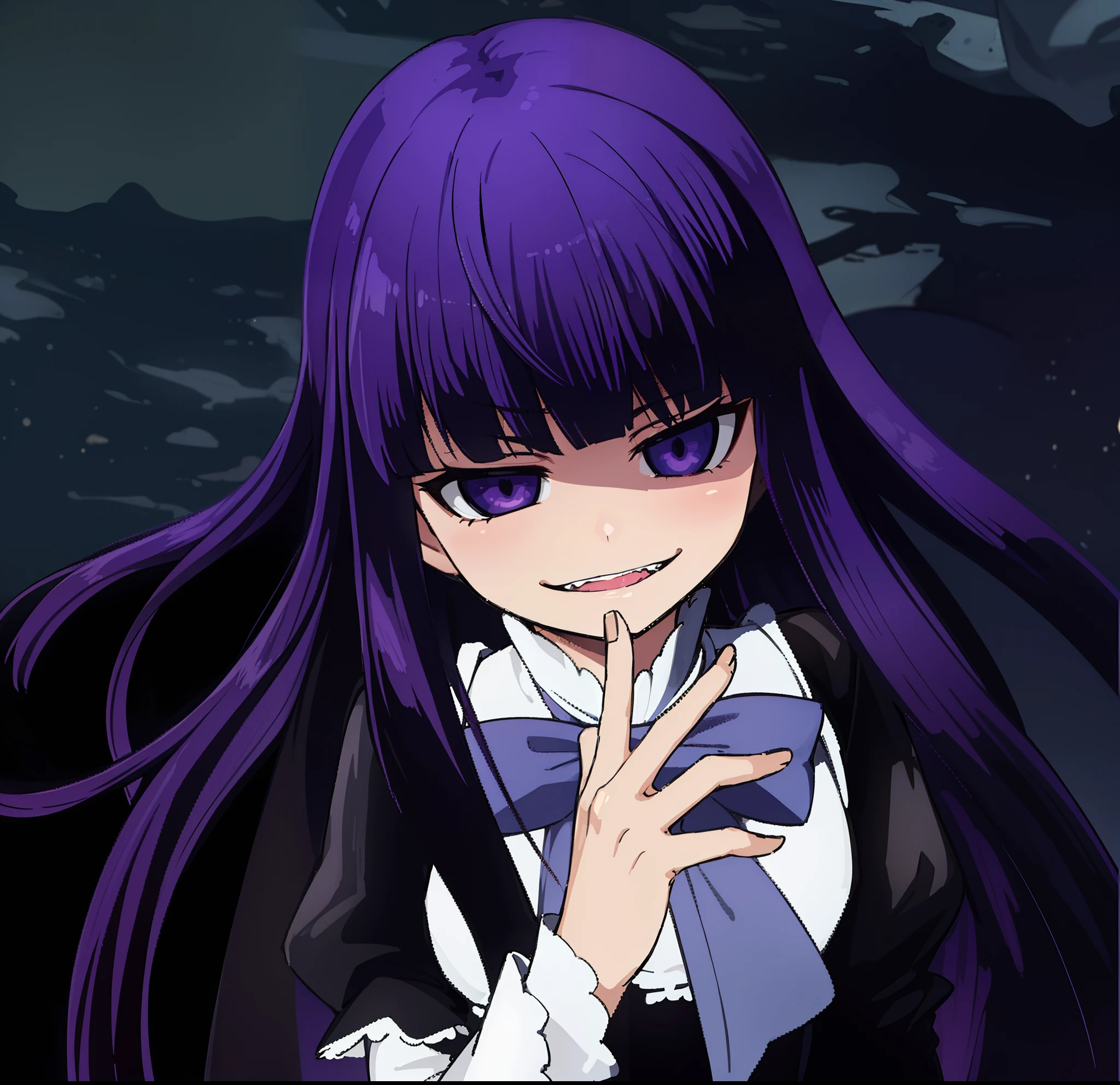 hiquality, tmasterpiece (one girls) purple hair. insane face. open mouth with teeth. violet eyes. smirk. The hand. Dark gothic outfit. bow. On the dark background of the night sky.