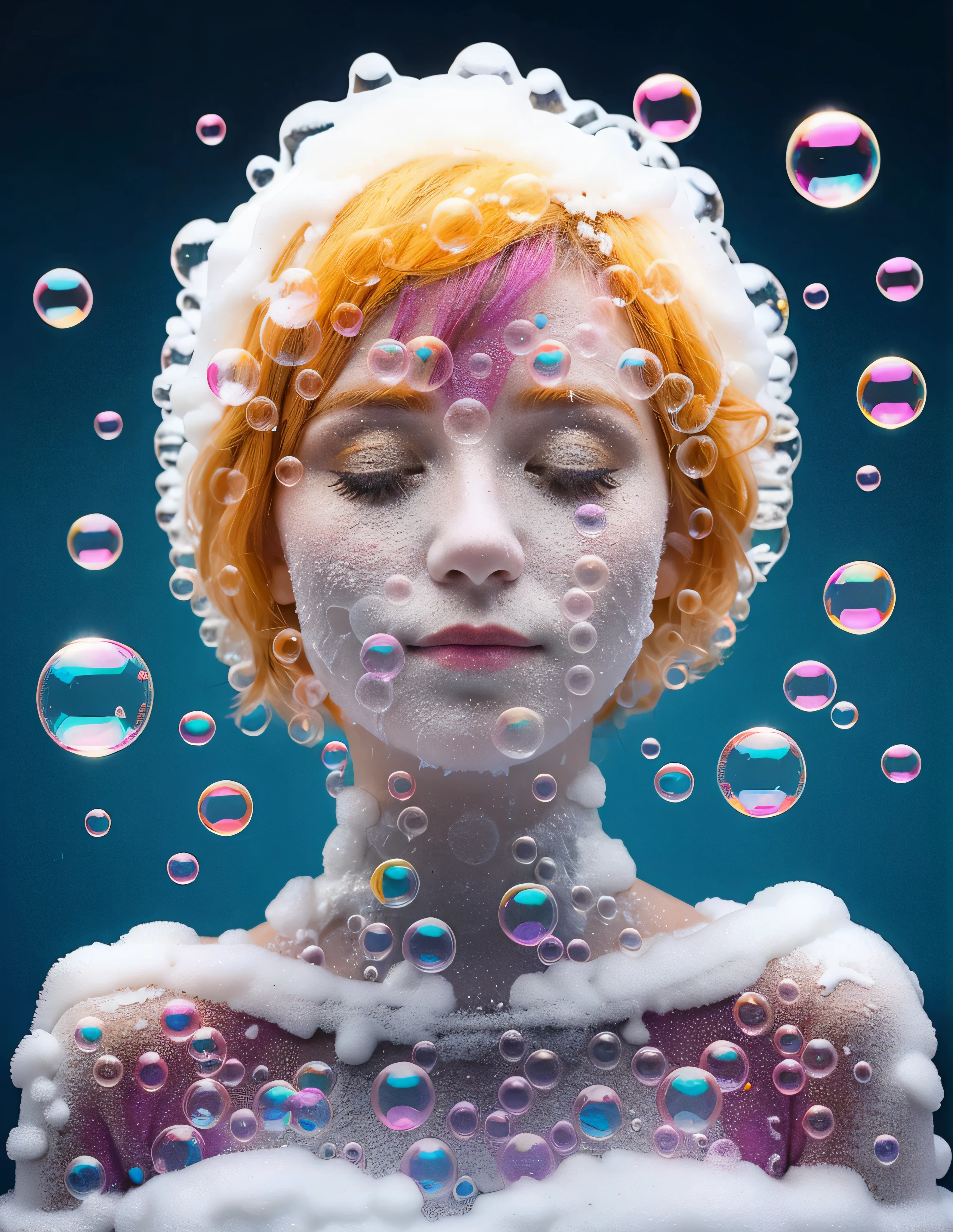 anna from frost made of soap bubbles and bath foam, colorful background