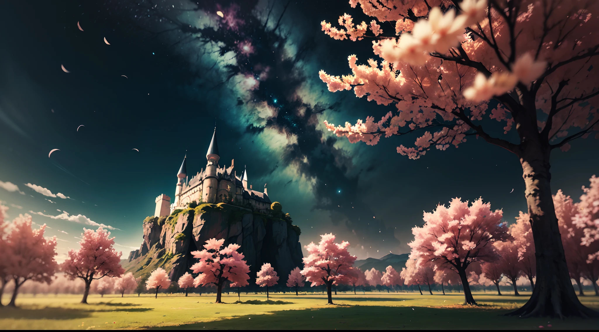 paisagem surreal, Cherry trees in front, ao fundo um imenso castelo de esmeralda, a noite, 8k. ultra hd, hdr 10