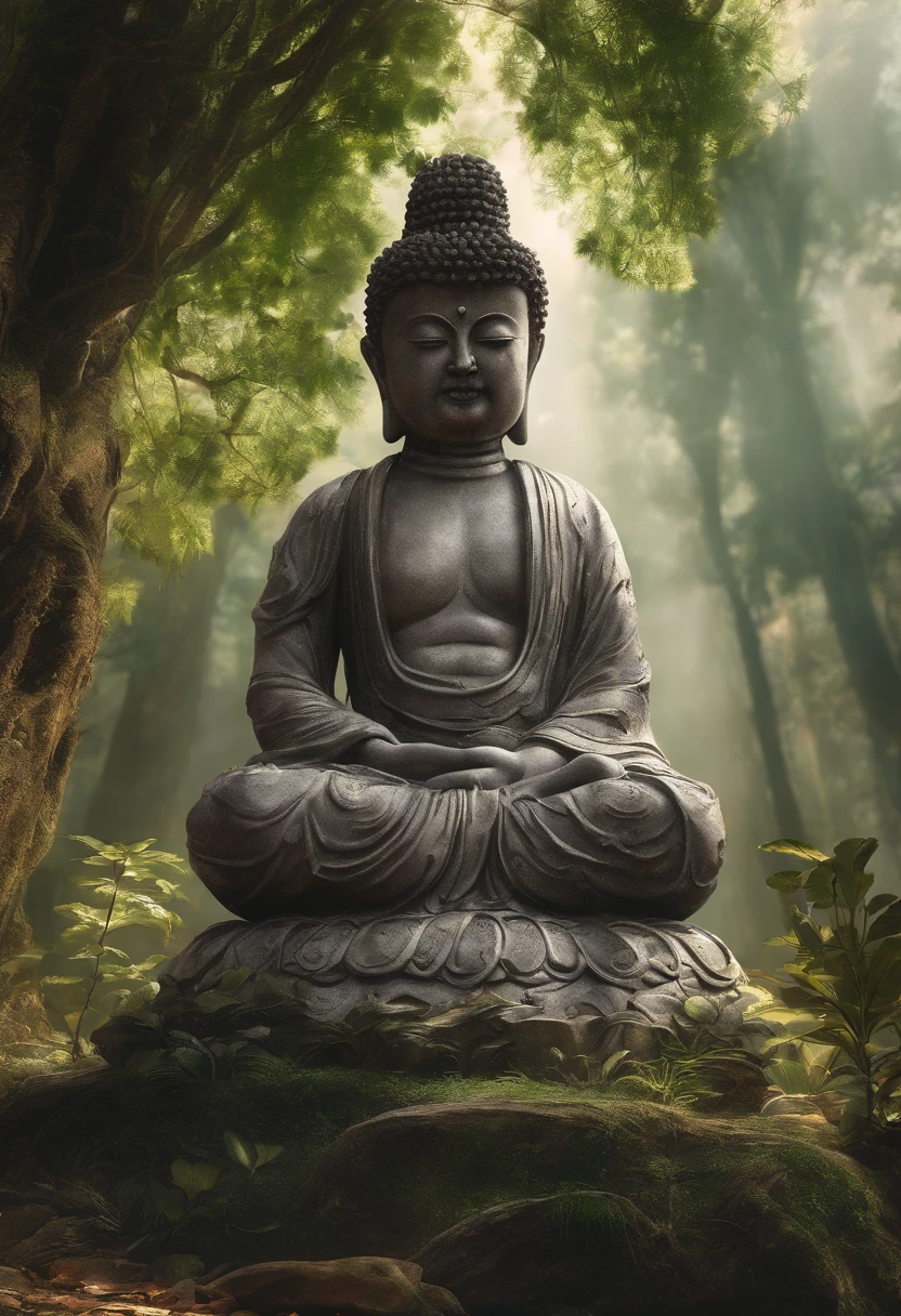 In the mountains,Stone Buddha statue obscured by vegetation,One with nature,illumination。Devout worshippers, boy save snake from fire