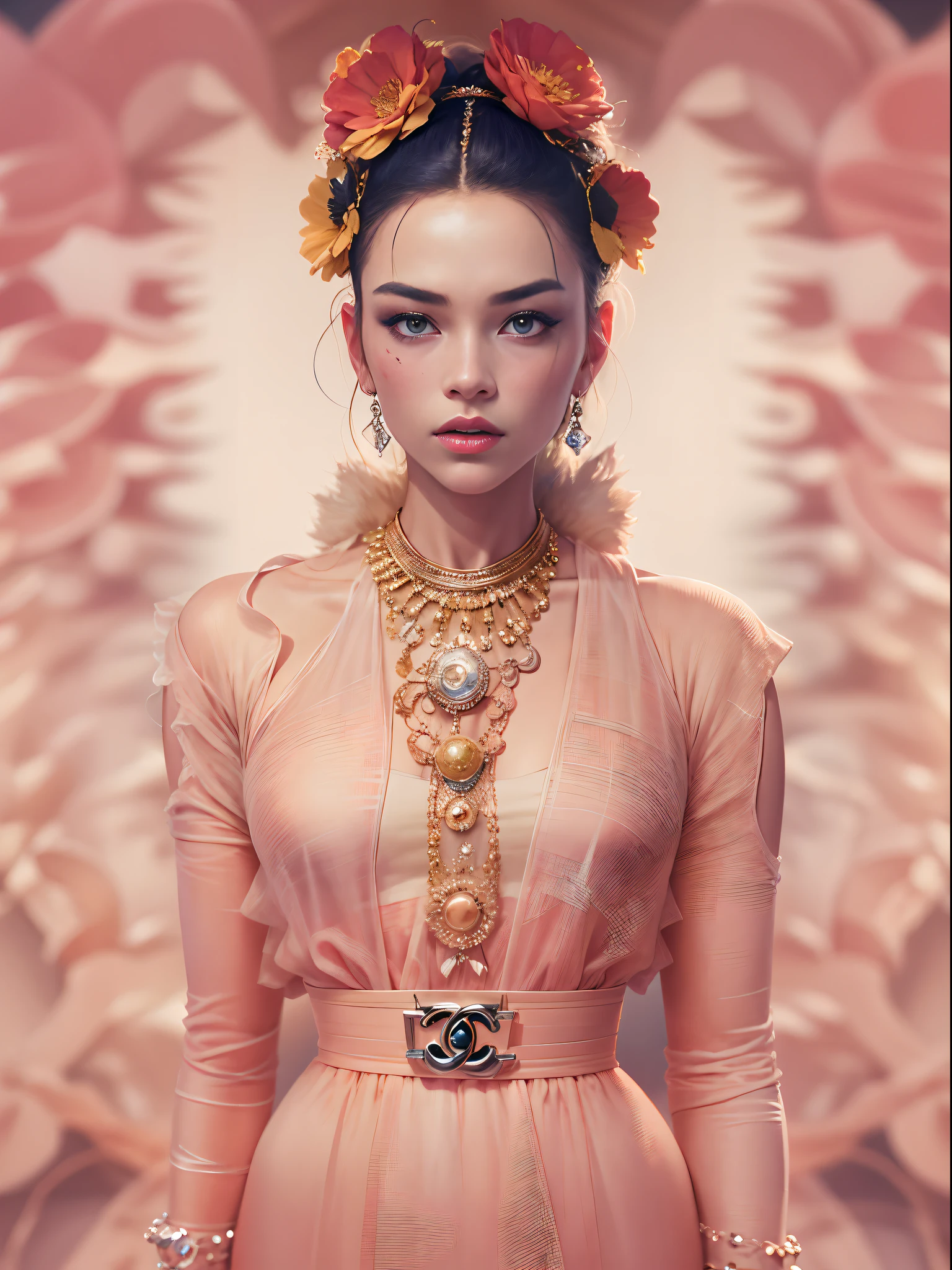 World-famous female model wearing Chanel fashion clothes，（long whitr hair:1.3），（eBlue eyes:1.3），（Pink clothes：1.3） Photograph of clear facial features,character concept art,Photography,a beautiful painting by Cy Twombly,Frida Kahlo,Alphonse Mucha,Tan Yin,Masterpiece,Dreamlike,by James Balog,octane render,Corona Render,Quixel Megascans Render,high detail,hyper quality,high resolution,trending on artstation,hyperrealism,Fine Art,Otherworldly,by Erwin Blumenfeld,by Anne Brigman,16K,by Paul Barson,by Erwin Blumenfeld,by Petra Collins,The picture is from Bradford Young's work, The picture is from John Cassavetes's work,Zen Atmosphere, Magic Realism,Decopunk,tilt-shift,Waist Shot(WS),close up,beautiful lighting, --ar 3:4  --v 5.2 --upbeta