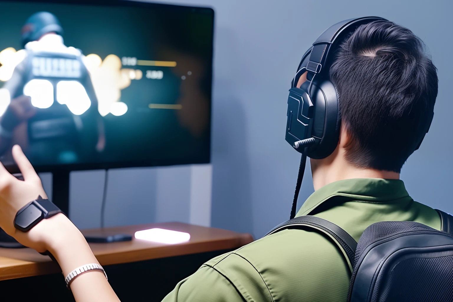 A 19 years old boy playing PUBG in phone with his hand. He is wearing a black joursey name SOYON880 and joursey no is 02. The picture is took from behind him