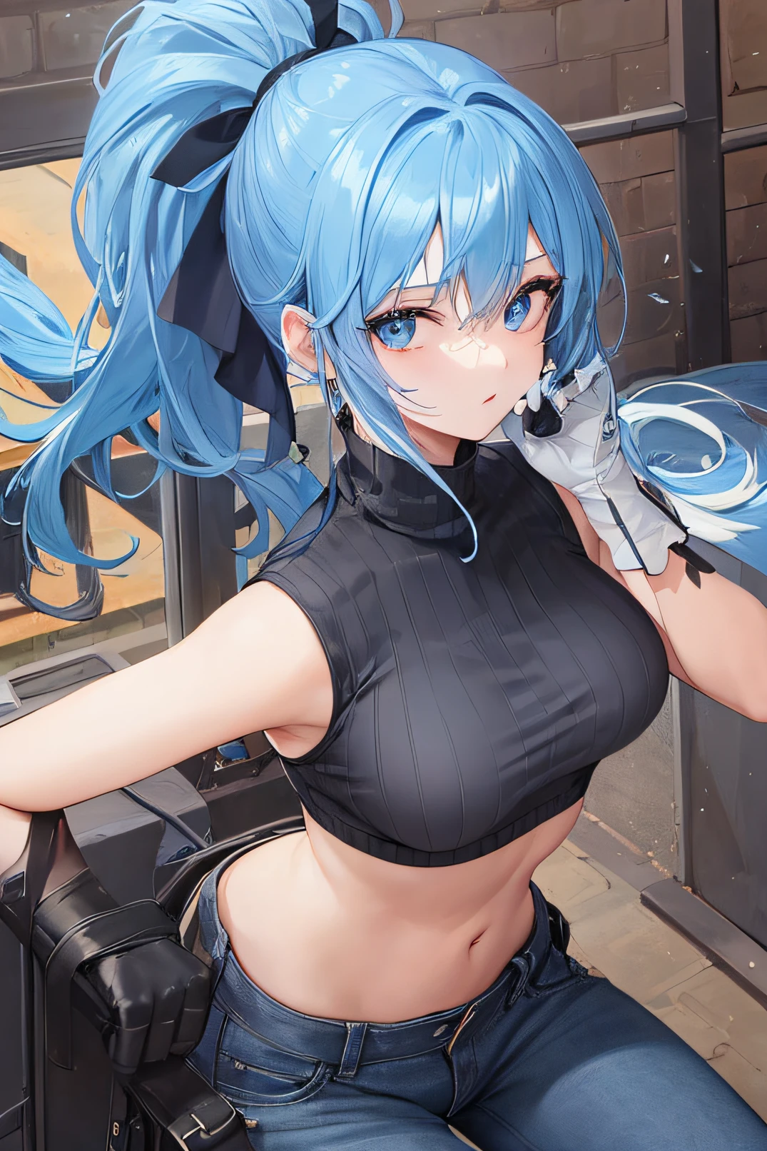 1girl, 18 year old female, Sinon, Sword Art Online, anime style, ultra realistic, high detail, sexy pose, sexy, beautiful, exposed skin, slender, skinny, exposed breast, breast, nipples, nude, nudity, absurdres, high res, ultrasharp, 8K, UHD, retina, masterpiece, accurate, anatomically correct, perfect anatomy, textured skin, super detail, high details, high quality, award winning, best quality, high res, looking at viewer, detailed eyes, four fingers and one thumb per hand, perfect hands, perfect finger, two arms only, no clothes, revealing, blue hair, blue eyes