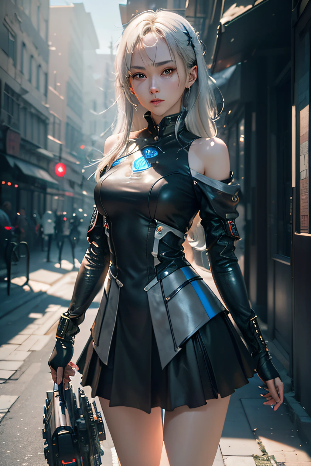 ((top-quality)), ((masterpiece)), (detaileds:1.4), 。.3D, Blue Eyes Slender、a short skirt、Beautiful Cyberpunk Woman Image,nffsw(HighDynamicRange),Ray traching,NVIDIA RTX,Hyper-Resolution,Unreal 5,Sub-surface scattering,PBR Texturing,Postprocess,Anisotropy Filtering,depth of fields,Maximum clarity and sharpness,multi-layer texture,Albedo and specular maps,Surface Shading,Accurate simulation of light-material interactions,perfectly proportions,Octane Rendering,Two-tone lighting,Wide aperture,Low ISO、White Balance、thirds rule、8K Raw、