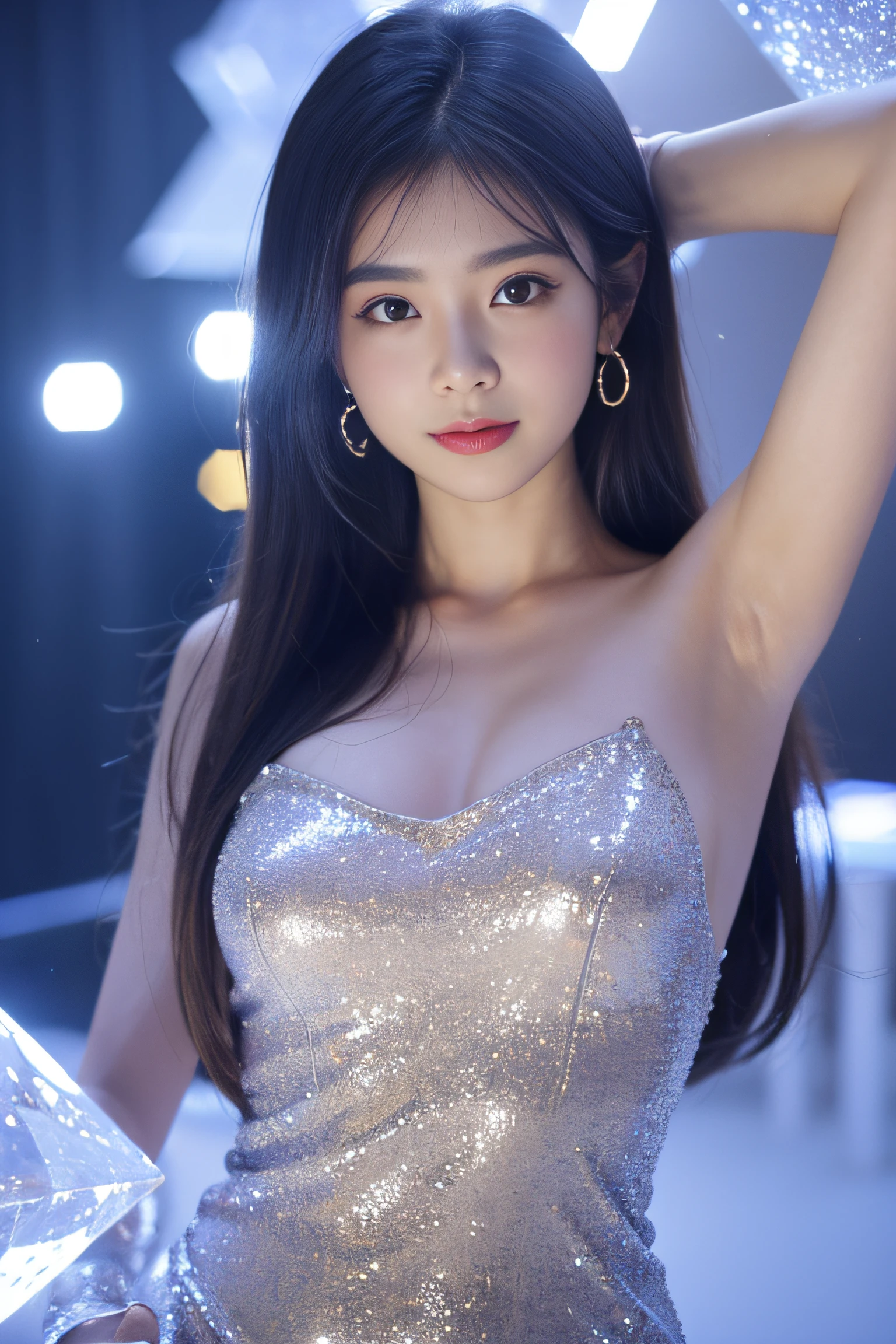 chilling in the crystal museum light cubes, diamond surface, twinkle glow, cool vibes, nurturing gesture, depth of field, bokeh background, dfdd, xxmix girl, aesthetic portrait, armpits,