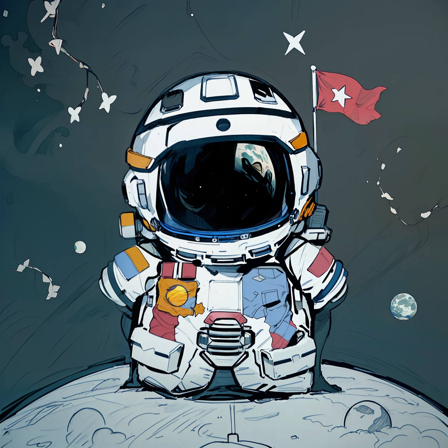 (Best quality,4K,A high resolution,Masterpiece:1.2),Ultra-detailed,(Realistic,Photorealistic,photo-realistic:1.37),Cartoon astronaut on the moon,Stars on the red flag,Title mapping:Yang Liwei,Astronauts stand on celestial bodies,lonely astronaut,Astronauts on the surface of the moon,Astronaut,Astronaut in futuristic spacesuit,Lovely astronaut,sticker art,Astronauts relaxing in space,The astronaut stood and stared,Slow-motion movement in space,Hand drawn line art,multiple views,comic strip,Set against the backdrop of Earth and space,Countless stars shine in space