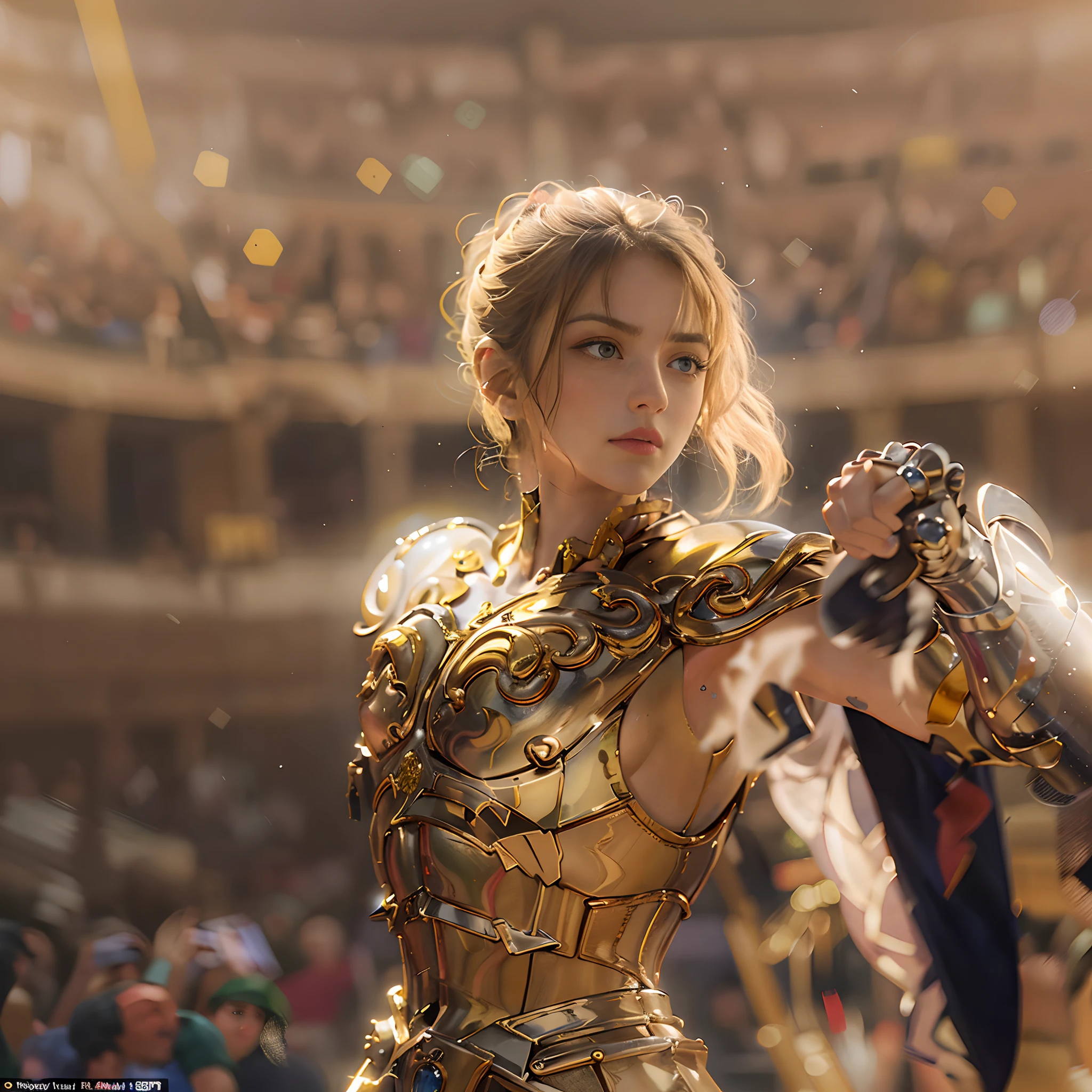 **render**: Boxing Girls, Rendered in highly detailed 4K, Get caught up in intense moments at the Greek Colosseum. When she shakes her fist, The luster of her skin and her detailed features stand out. The background is vivid with strong sunlight, Showcase a Colosseum packed with spectators.　ultra-detailliert,(golden armour:1.2),Leo Armor,