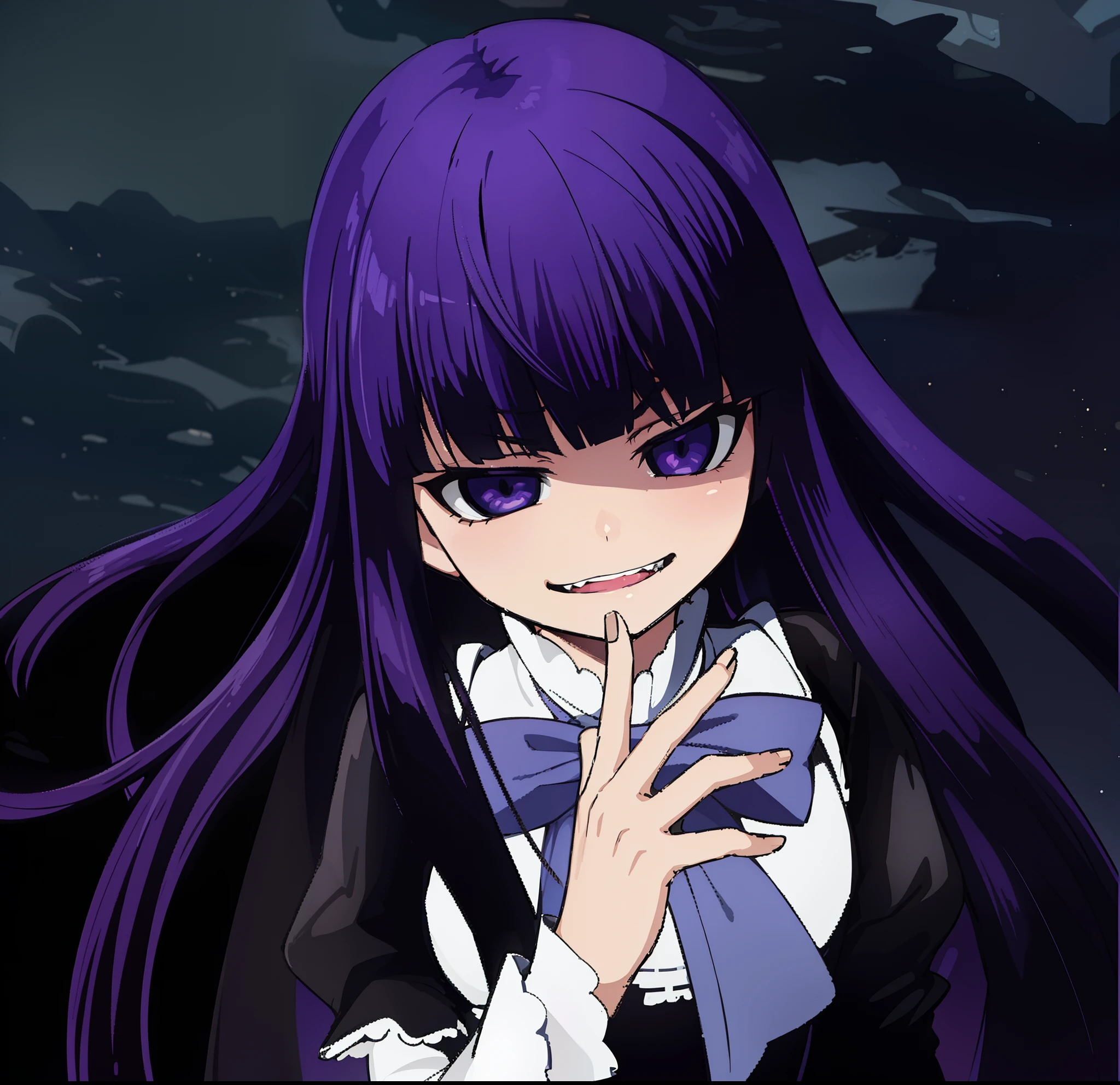 hiquality, tmasterpiece (one girls)  purple hair. insane face. open mouth with teeth. violet eyes. smirk. The hand. Dark gothic outfit. bow. On the dark background of the night sky.