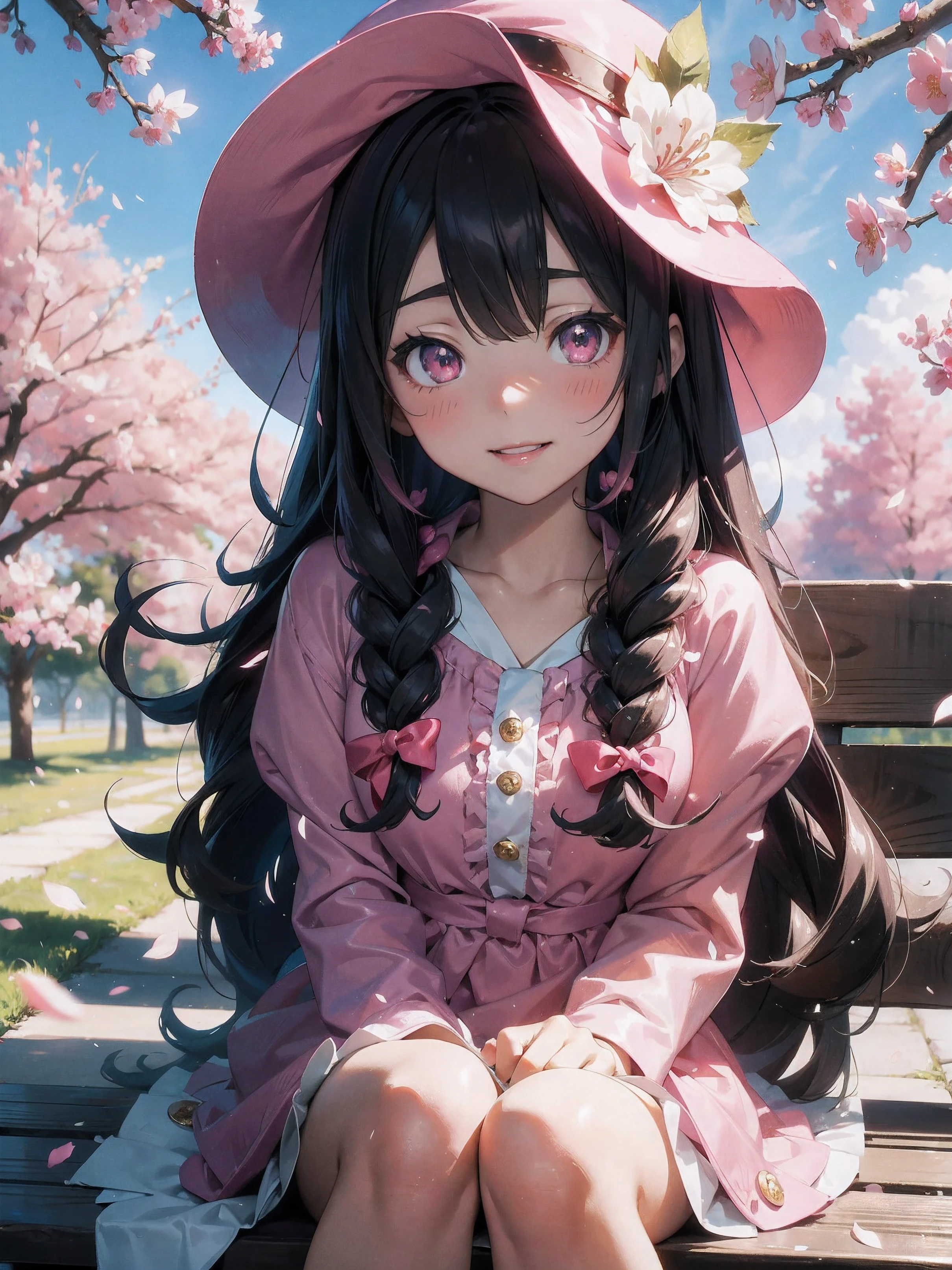 Anime girl with long pink hair sitting on a bench in front of a tree, sakura petals around her, pixiv, kinomoto sakura, Beautiful anime girl, (Anime Girl), official anime artwork, Pixiv Contest Winner, beautiful anime art, Beautiful anime, beautiful anime artwork, pretty anime girl, Cute anime girl, sakura season, cherry blossom, masutepiece, Best Quality, 1girl in, Candy Background, Black hair, long curly hair, Face front, ((Candy fashion dress with candy swirl pattern)), ((Candy Hat)), Smile, Happy ((portrait closeup, close-up)), make up, studio lights, (candy)