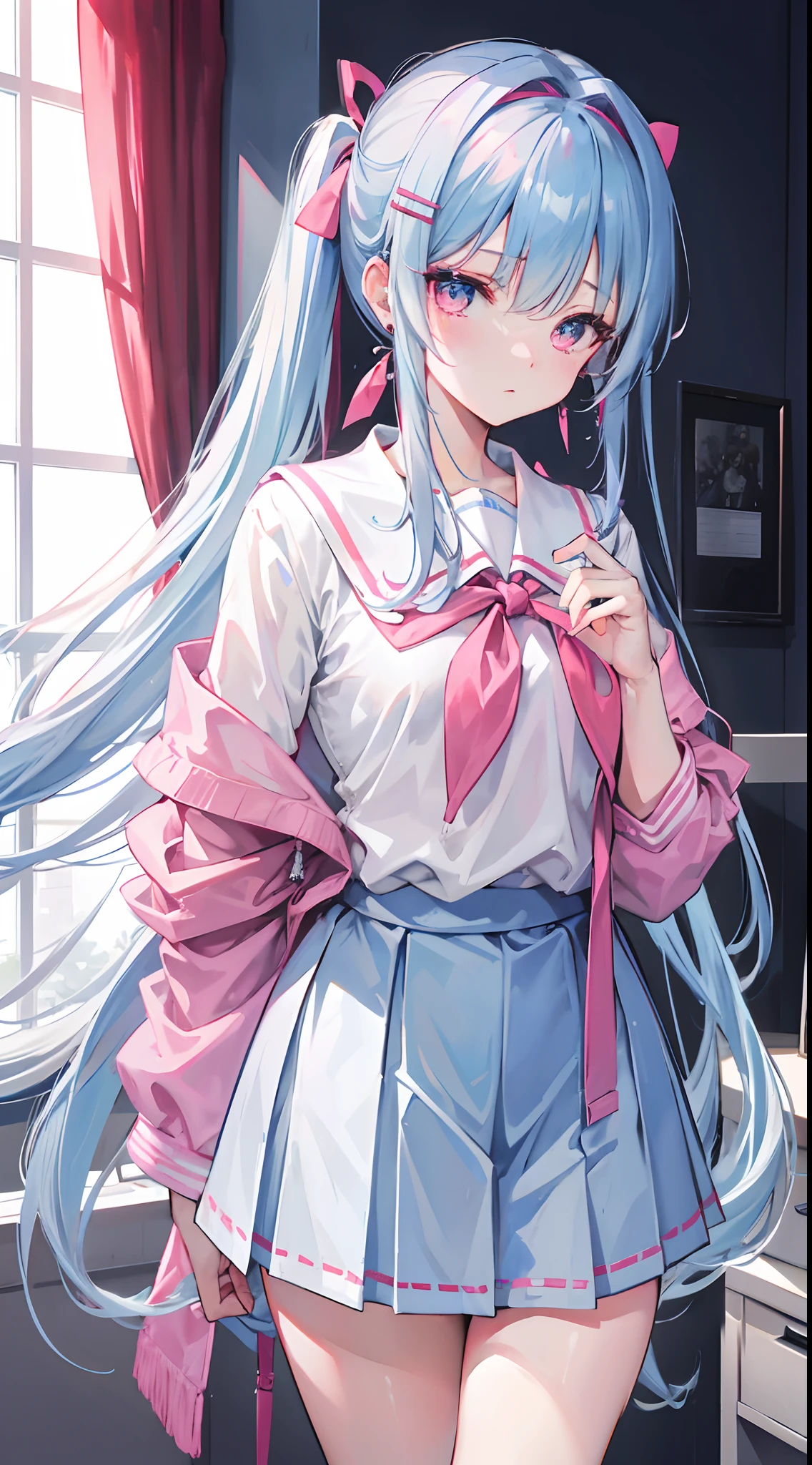light blue long hair,Crimson pink eyes,The hair was tied up with two pink headbands,Short double ponytail,Qi bangs,Two long hair curtains on both sides,Wearing a white sailor's uniform school uniform,grey short skirt,Iron earrings worn by bad girls,Liu Hai pulled a hairpin,The sleeves are long,Fresh atmosphere,a warm color palette,The eyes have God,high light,tmasterpiece,Blushlush,expressiveless,Open your mouth slightly