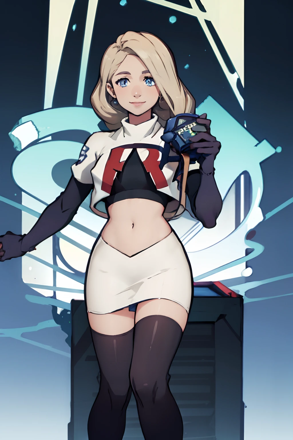 defMercedes, rocket,team rocket uniform, red letter R, white skirt,white crop top,black thigh-highs,black elbow gloves, smile