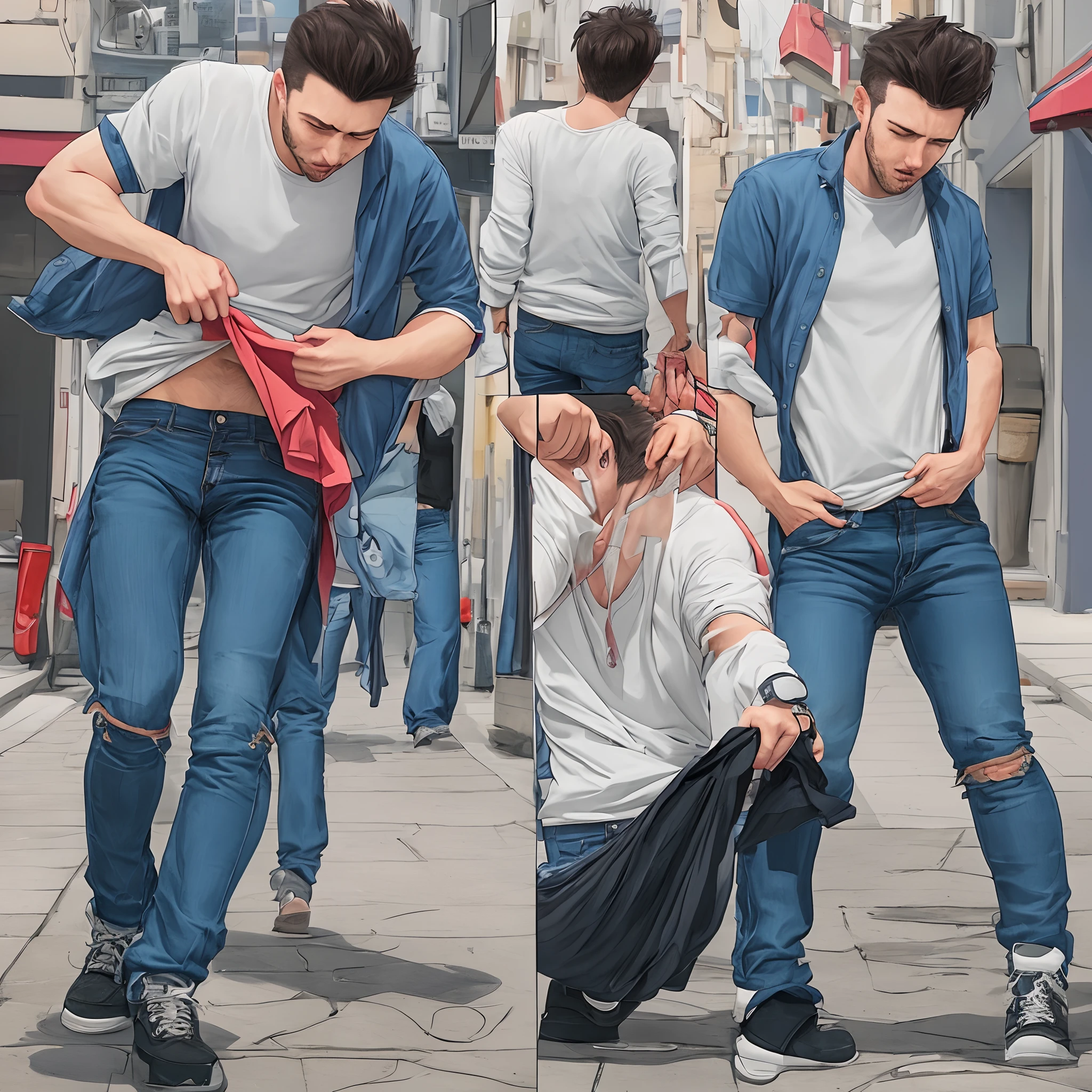 Generate a cartoon of a guy ripping his pants bending down to pick something up exposing his embarrassing underwear