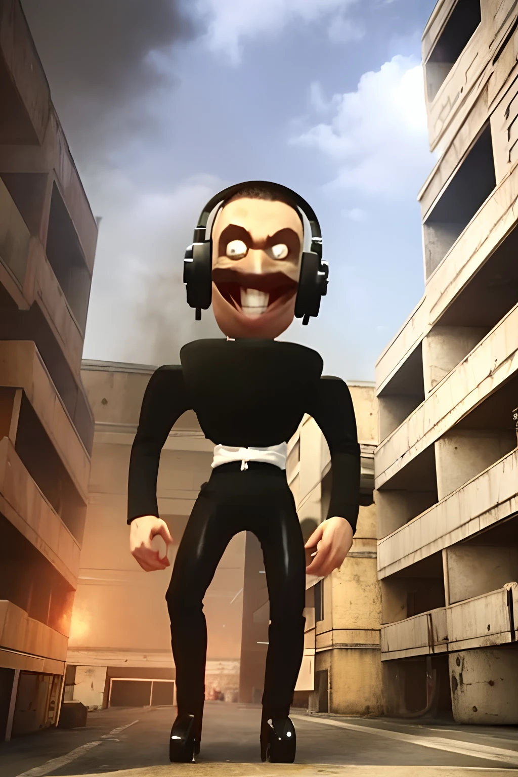cartoon man with headphones on standing on a skateboard in a city, avatar image, vinny vinesauce, vinny from vinesauce, jumpscare, upper body avatar, aphex twin, giant headphones rocking out, garry's mod, doom guy, gmod, with head phones, best jumpscare scene, top floor boss , second life avatar, (((rusty)))