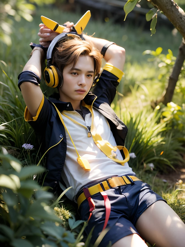 Boy lying on grass with headphones and arms on his back of neck