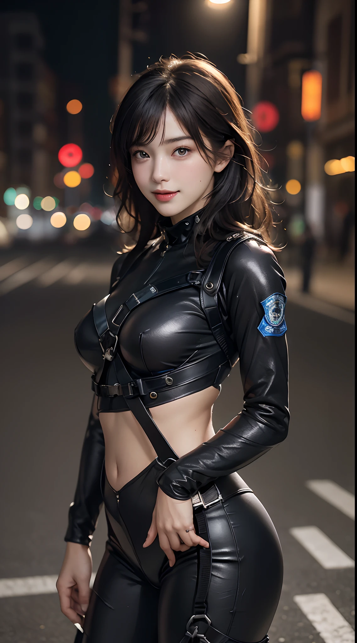 (Highest image quality, outstanding details, ultra-high resolution), (realism: 1.4), highly condensed 1 beautiful girl, with a delicate and beautiful face, ((cowboy shot)), (a bit chubby:0.4), (wearing black racing suit likes police uniform, black and grey mecha, wearing military harness), background city street, (underboob), kind smile,