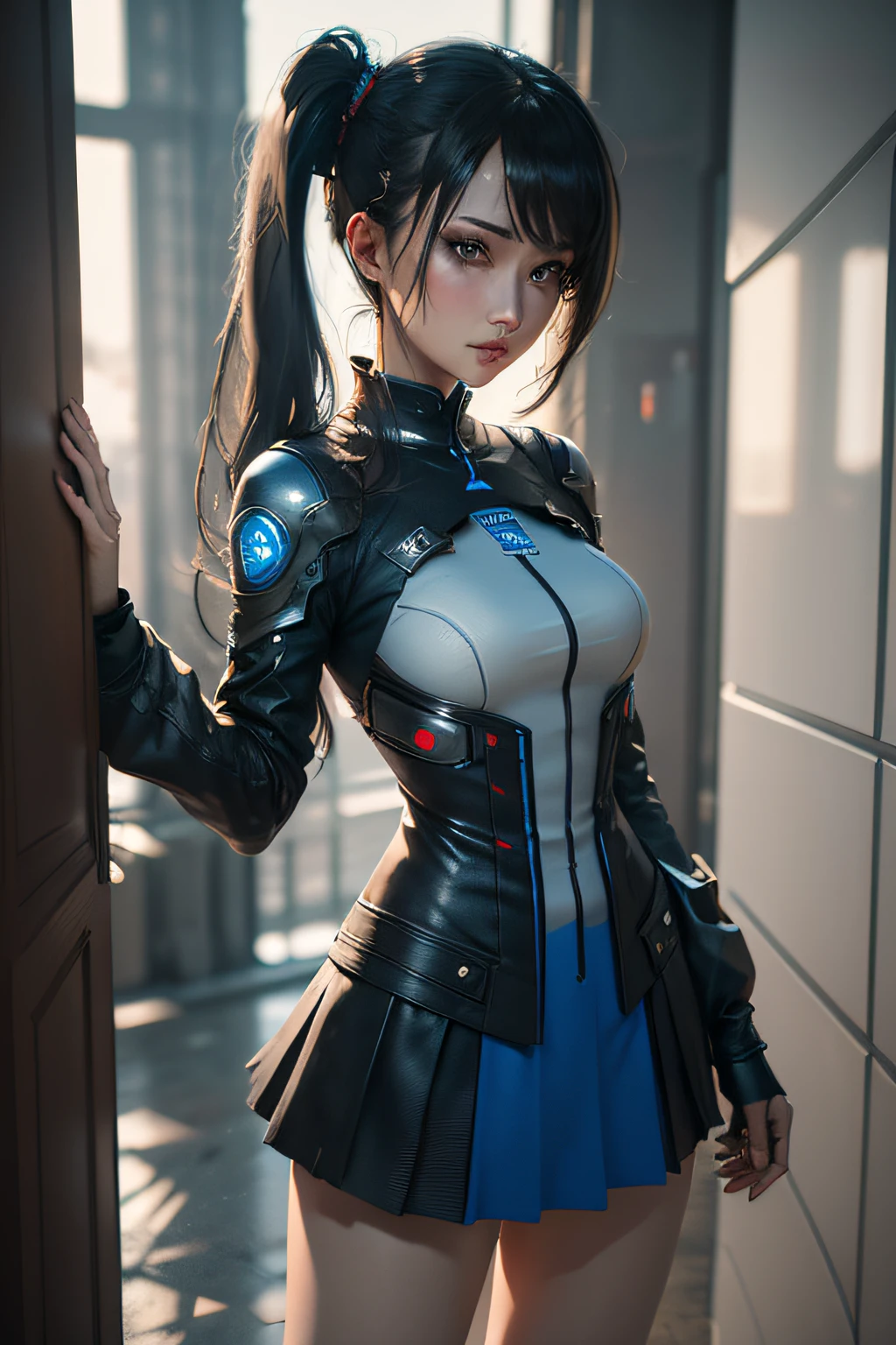 ((top-quality)), ((​masterpiece)), (detaileds:1.4), 。.。.。.3D, Blue Eyes Slender、Short skirt with blue LED、twintail hairstyle,Beautiful Cyberpunk Woman Image,nffsw(HighDynamicRange),Ray traching,NVIDIA RTX,Hyper-Resolution,Unreal 5,Sub-surface scattering,PBR Texturing,Postprocess,Anisotropy Filtering,depth of fields,Maximum clarity and sharpness,multi-layer texture,Albedo and specular maps,Surface Shading,Accurate simulation of light-material interactions,perfectly proportions,Octane Rendering,Two-tone lighting,Wide aperture,Low ISO、White Balance、thirds rule、8K Raw、