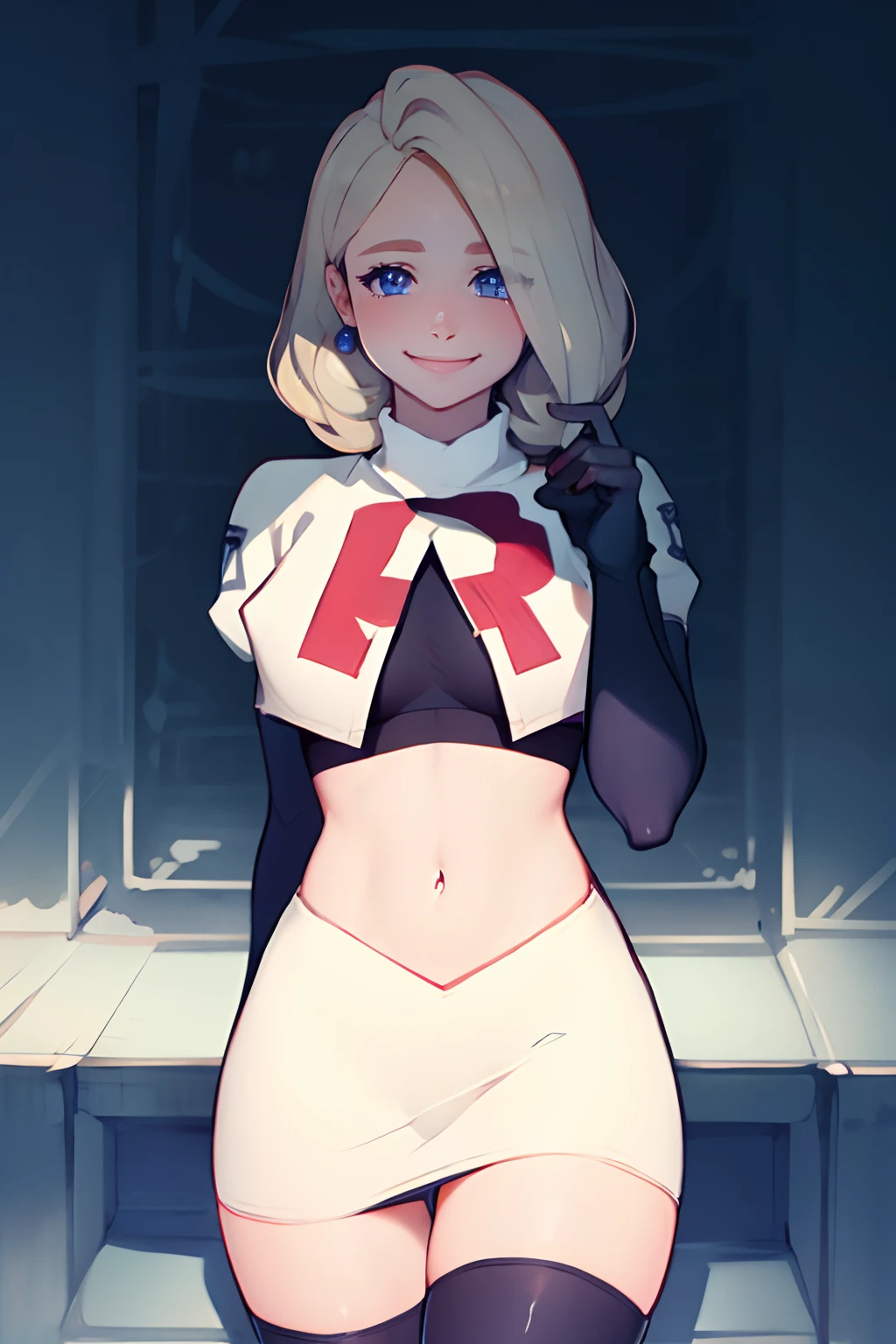 defMercedes, rocket,team rocket uniform, red letter R, white skirt,white crop top,black thigh-highs,black elbow gloves, smile
