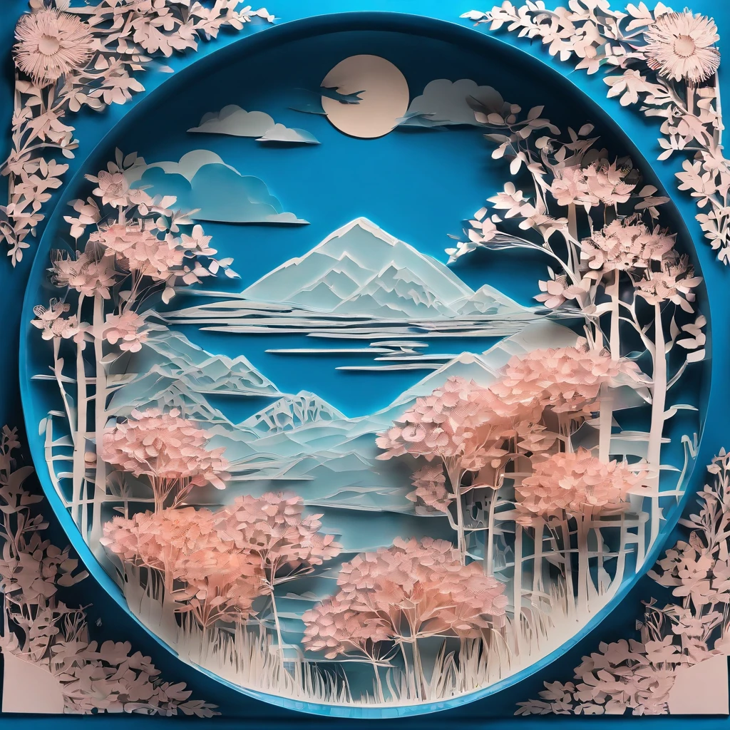 On a blue glass plate,(Stack paper cuts):Dream peach blossom forest landscape painting。(Best quality,4K,8K,A high resolution,Masterpiece:1.2),Ultra-detailed,(Realistic,Photorealistic,photo-realistic:1.37),