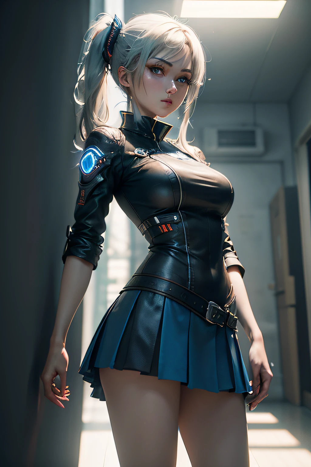 Lolita, smiling, 20 years old, ((best quality)), ((masterpiece)), (high definition:1.3), 3D, beautiful (cyberpunk:1.3), emerald green clothes, stylish woman looking at green leather clothes, hip skin invisible, blue-black leather pants, silver zipper,belt below the waist,super fine illustration,blond hair , showing forehead, silver center zipper, leather blue black bodysuit, sleevelesblue blacks, shiny, blonde