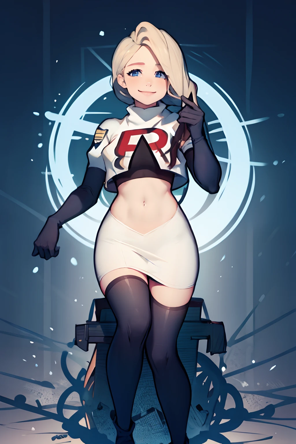 defMercedes, rocket,team rocket uniform, red letter R, white skirt,white crop top,black thigh-highs,black elbow gloves, smile