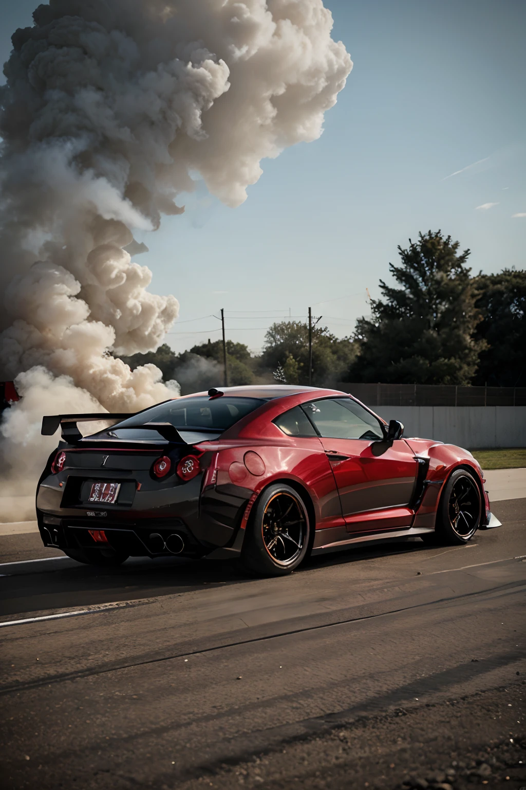 gtr r35 drifting in  high speed. car color black with two red stripes. smoke color dark red