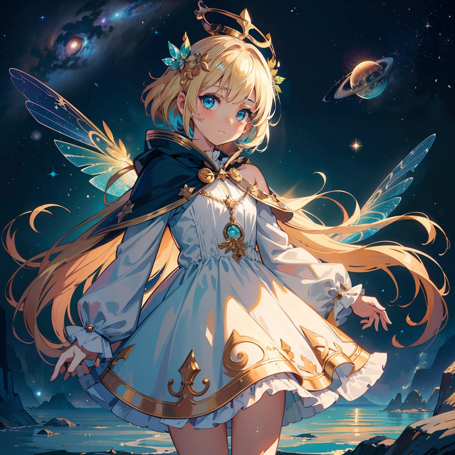 ((Best Quality)), ((masutepiece)), ((Ultra-detailed)), (Illustration), (Detailed light), (extremely delicate and beautiful),((Cute little girl s:1.2)),((Cowboy Shot)),standingn,Starry sky adorns beautiful detailed dress,Fluttering cloak,Golden {leaf-shape} Star Hair Ornament,(Eyes beautiful turquoise eyes),Floating blonde, Colored inner hair,(Galaxy),(Colorful (Planets:1.1)),negative space,background detailed