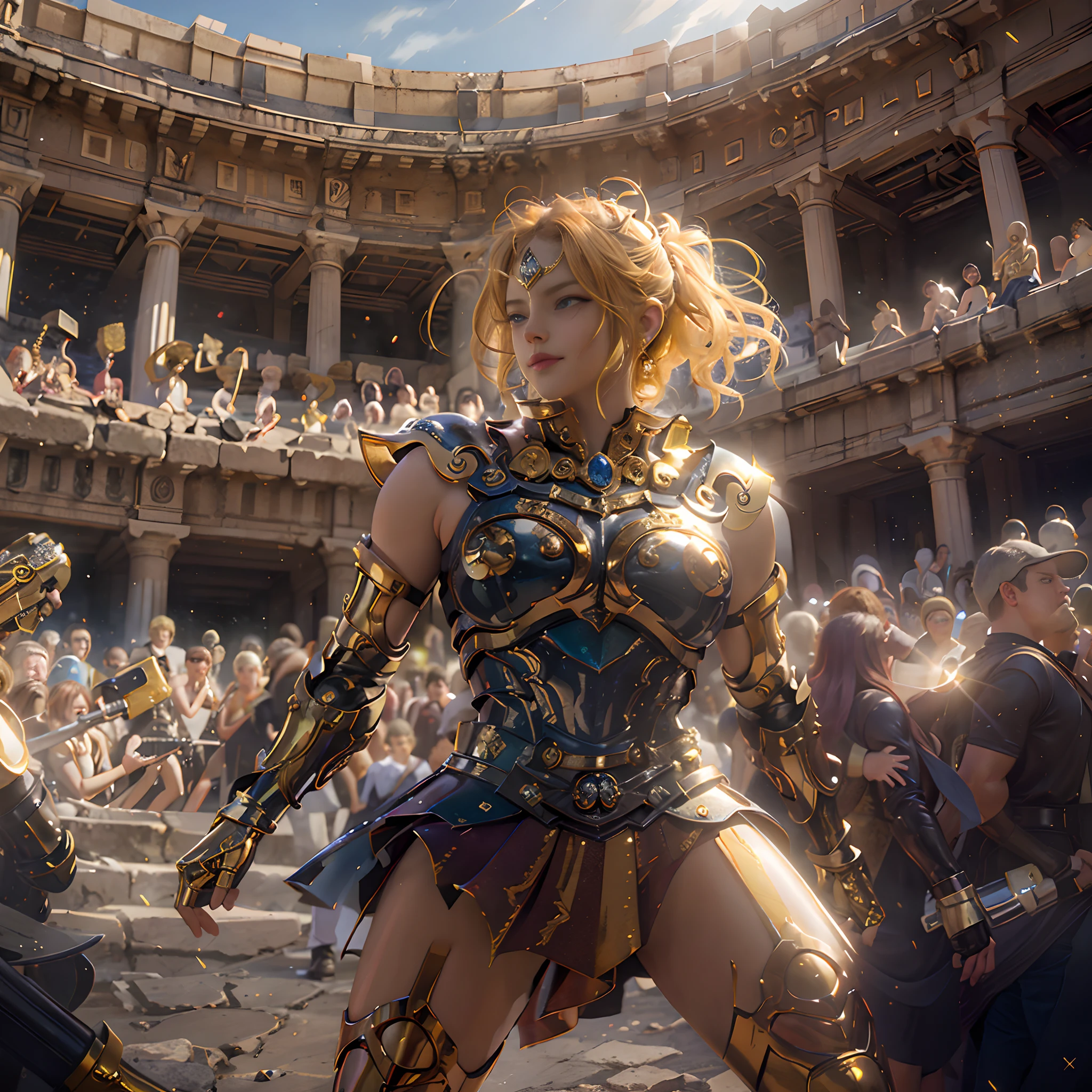 **render**: Boxing Girls, Rendered in highly detailed 4K, Get caught up in intense moments at the Greek Colosseum. When she shakes her fist, The luster of her skin and her detailed features stand out. The background is vivid with strong sunlight, Showcase a Colosseum packed with spectators.　​masterpiece, top-quality, 超A high resolution, realistic skin textures, armature, realisitic, hight resolution, OriginalPhotographs, shinny skin, realistic skin textures, The best lighting, brilliance, Dramatic lighting, Dynamic poses, Background of Greek temples, nigh sky, kosmos, milkyway, 1 girl in, Balanced eyes, Roman skirt, breastplates, red hairs, blue eyess, looking at the spectator, a room, Smile a little, Details everywhere,(golden armour:1.2),Leo Armor,