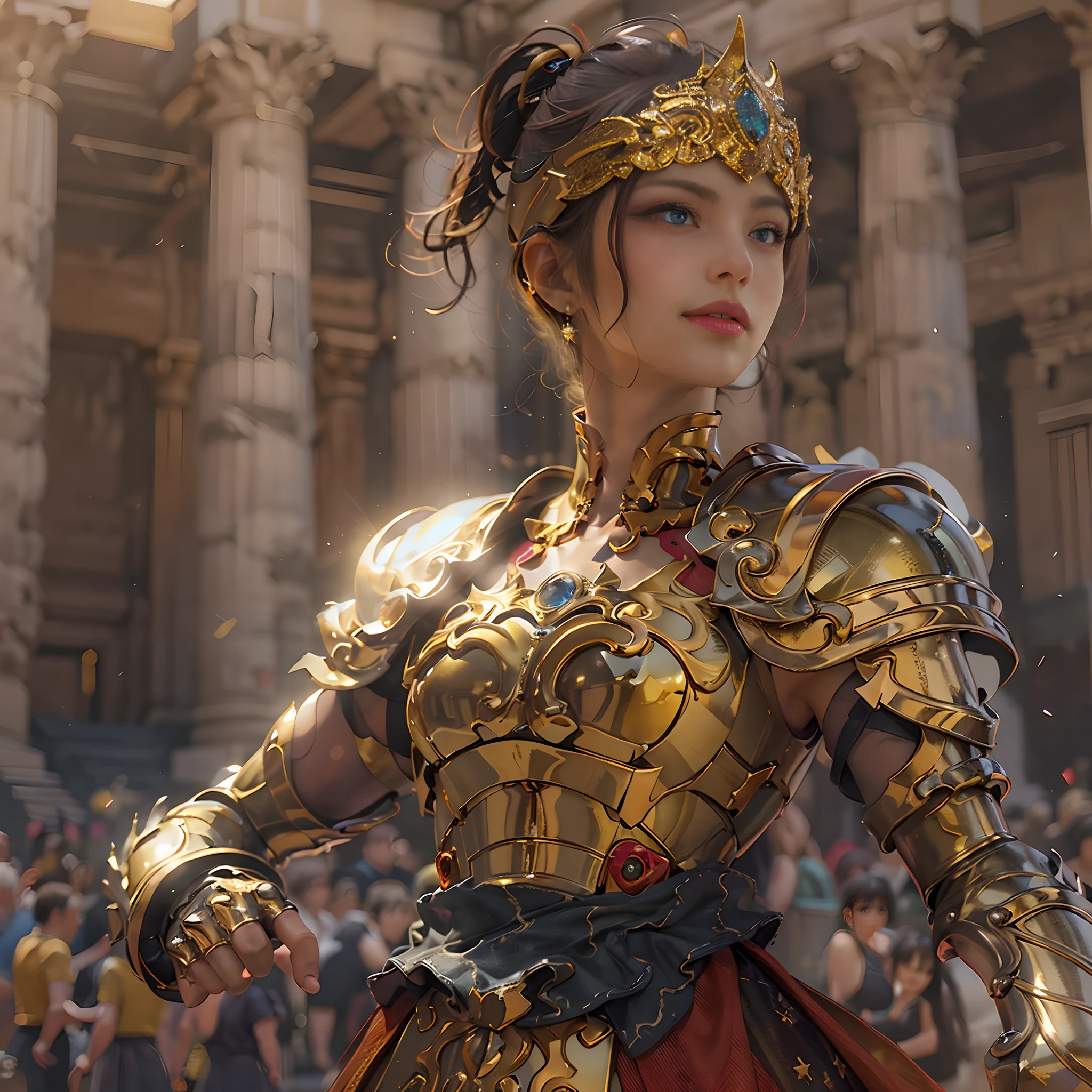 **render**: Boxing Girls, Rendered in highly detailed 4K, Get caught up in intense moments at the Greek Colosseum. When she shakes her fist, The luster of her skin and her detailed features stand out. The background is vivid with strong sunlight, Showcase a Colosseum packed with spectators. masterpiece, top-quality, 超A high resolution, realistic skin textures, armature, realisitic, hight resolution, OriginalPhotographs, shinny skin, realistic skin textures, The best lighting, brilliance, Dramatic lighting, Dynamic poses, Background of Greek temples, nigh sky, kosmos, milkyway, 1 girl in, Balanced eyes, Roman skirt, breastplates, red hairs, blue eyess, looking at the spectator, a room, Smile a little, Details everywhere,(golden armour:1.2),Leo Armor,