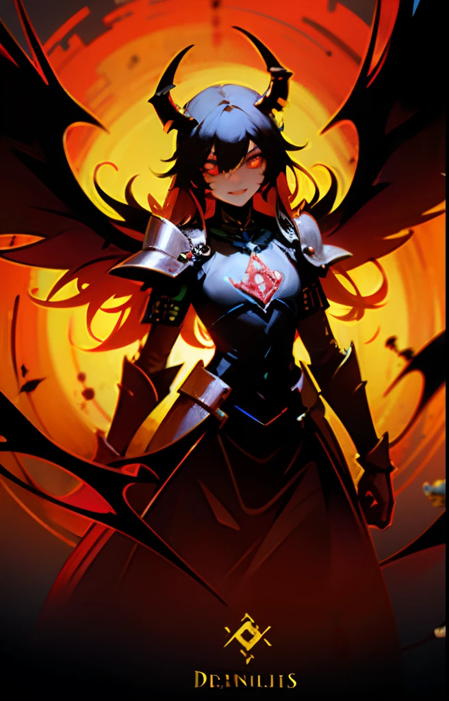 quadratic element，Movie CG,  Tiflin, devils，disheed hair，Shogun，Peerless beauty，s girl，(king of hell)，Demon King，Pitch-black wings，Fallen angels，Tattooed with，the scars，Blood-red heavy armor，blood splattere，It has gold etching on it, (paleskin), blood spatter, horns on head,succubi, Cruel laughter，(Burning red eyes), , Red-blooded pentagram, Glowing Grimmore closes, summoning circle, Rusty chains, The illuminated temple of Satan, Lens flare, Axis,   intricately details, Highly detailed, voluminetric lighting, 4K rendering, stockphoto, Ultra photo realsisim, Lifelike texture, Dramatic lighting, illusory engine
