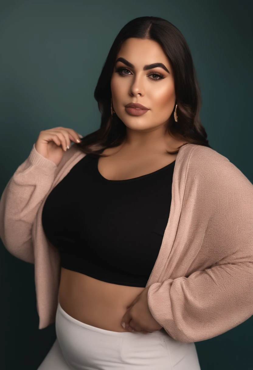 photorealistic, sharp focus, raw photo, amateur photo, beautiful chubby 26 y.o latina-spanish girl, face like Dua Lipa, stylish goth make up, take a selfie, long black hair, fat instagram model, woman in a black dress standing in front of a mirror, she has a jiggly fat round belly, plus size woman, alluring plus sized model, plus size, her belly is fat and round and huge, fat arms, chubby face, chubby waist and thick hips, a portrait of a plump woman, thicc, curvy model, thick body, wearing black tight clothing, realistic clothing, realistic skin, glowing realistic latina skin, oversized sweater, detailed skin pores & face texture, pores, (goosebumbs:0.7), dynamic pose, looking at viewer, face focus, taken with mobile cam, film grain