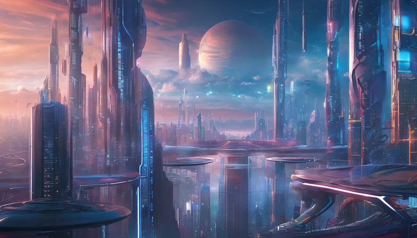 cyber punk perssonage、Cidade futuristica、planet earth、Skyscrapers piercing clouds cyberpunk.SFart by、Utopian city、megacity、Dream、top-quality、tmasterpiece、Beautiful futuristic city