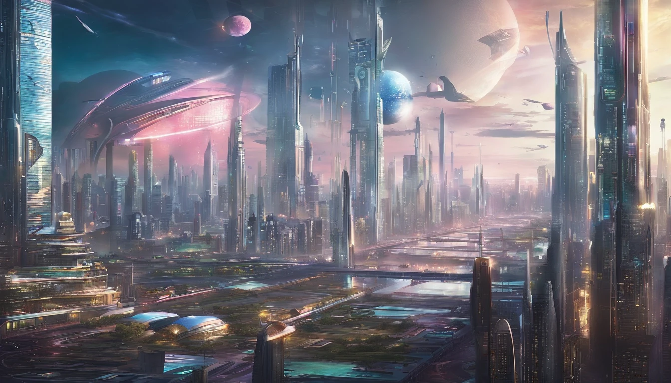 cyber punk perssonage、Cidade futuristica、planet earth、Skyscrapers piercing clouds cyberpunk.ＳＦart by、Utopian city、megacity、Dream、top-quality、tmasterpiece、Beautiful futuristic city