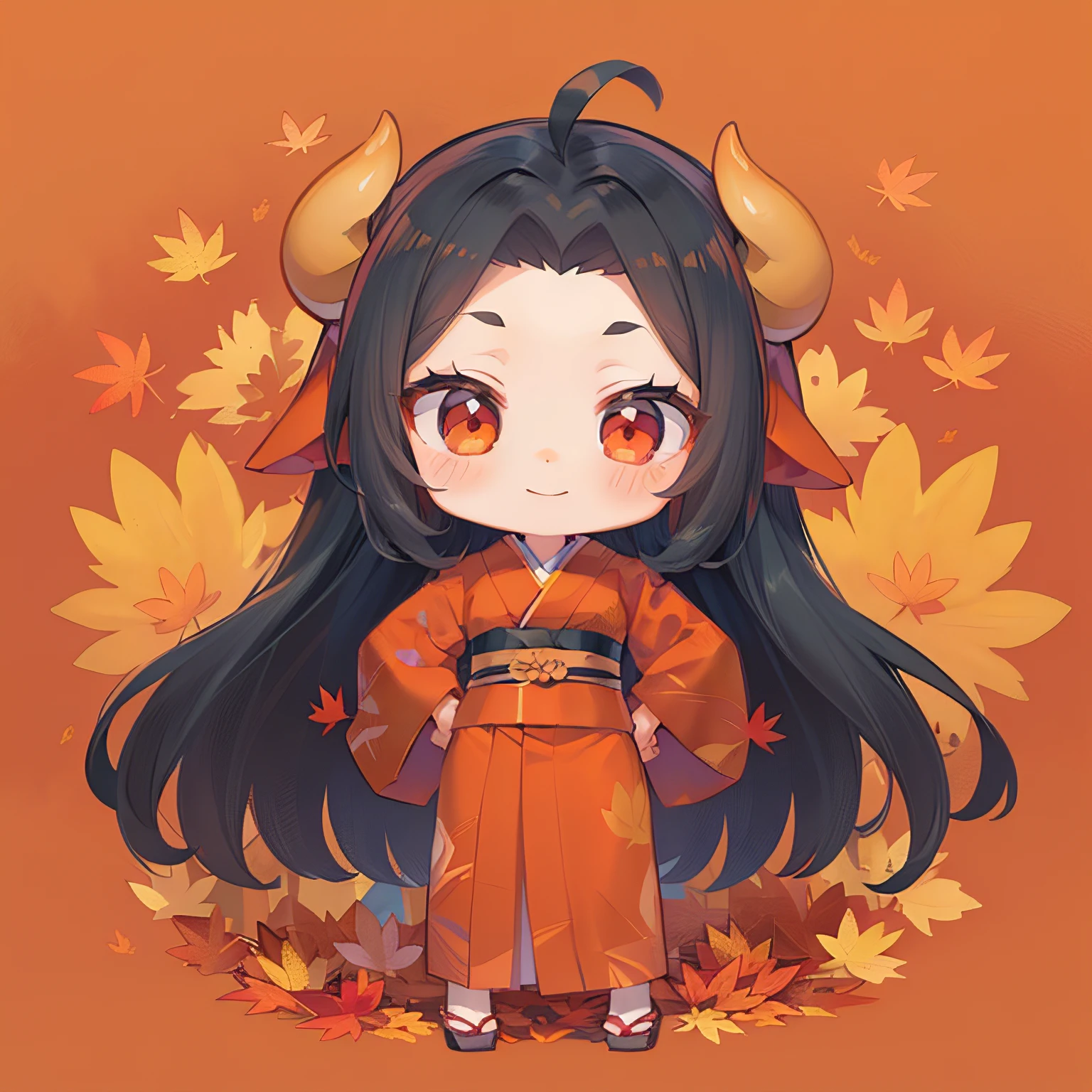 (((masutepiece))), Best Quality, Extremely detailed, (put hands on the hip:1.2), (Kimono:1.2), (scarf:1.2), (((Demon Girl))), banya, (((Solo))), (Black Long Hair), Forehead, Happy, Red Eyes, Full body, Ahoge, (((Deformed))), (((Chibi Character))), (((Autumn background))), (Bright red background), (((Autumn Leaf Felt))
