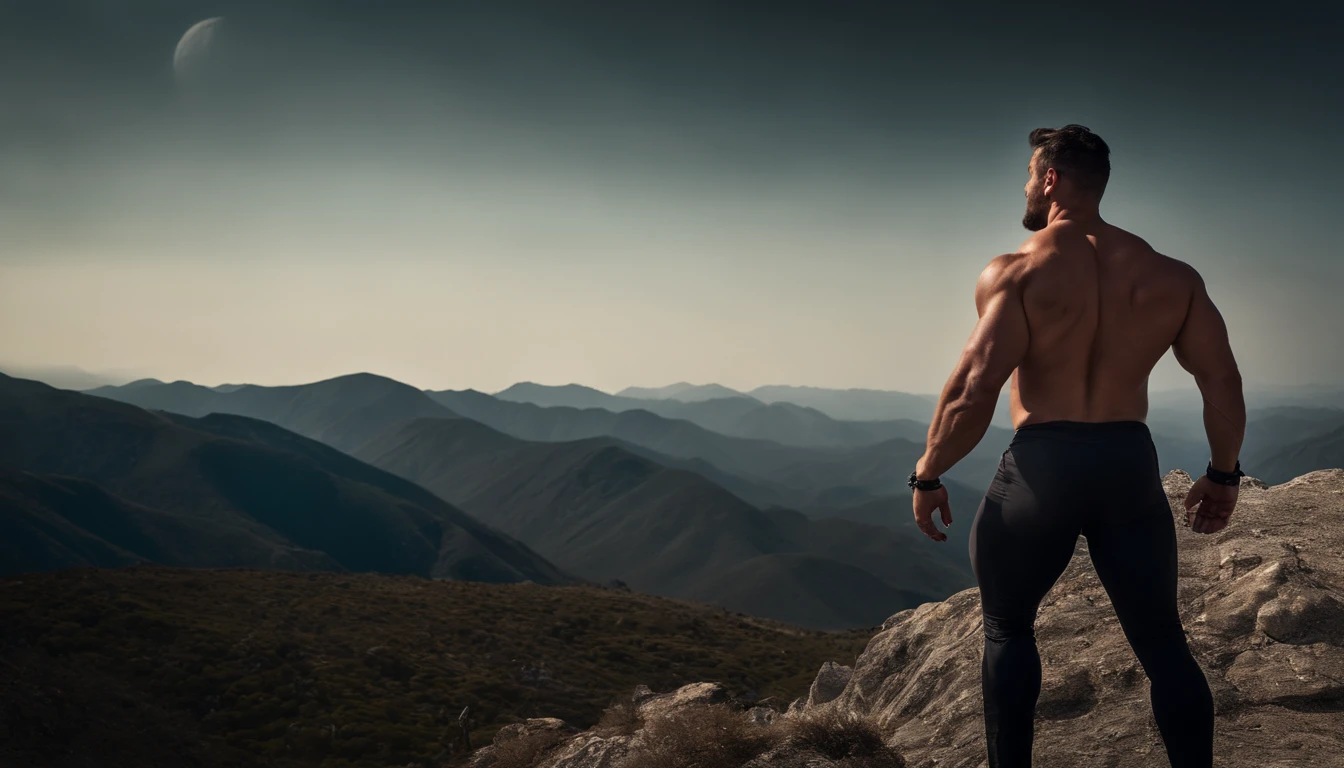An image of a person s (((MUSCULAR MEN BIG ASS))) tanding on a mountain peak, gazing at the cosmos, with a sense of wonder and clarity.