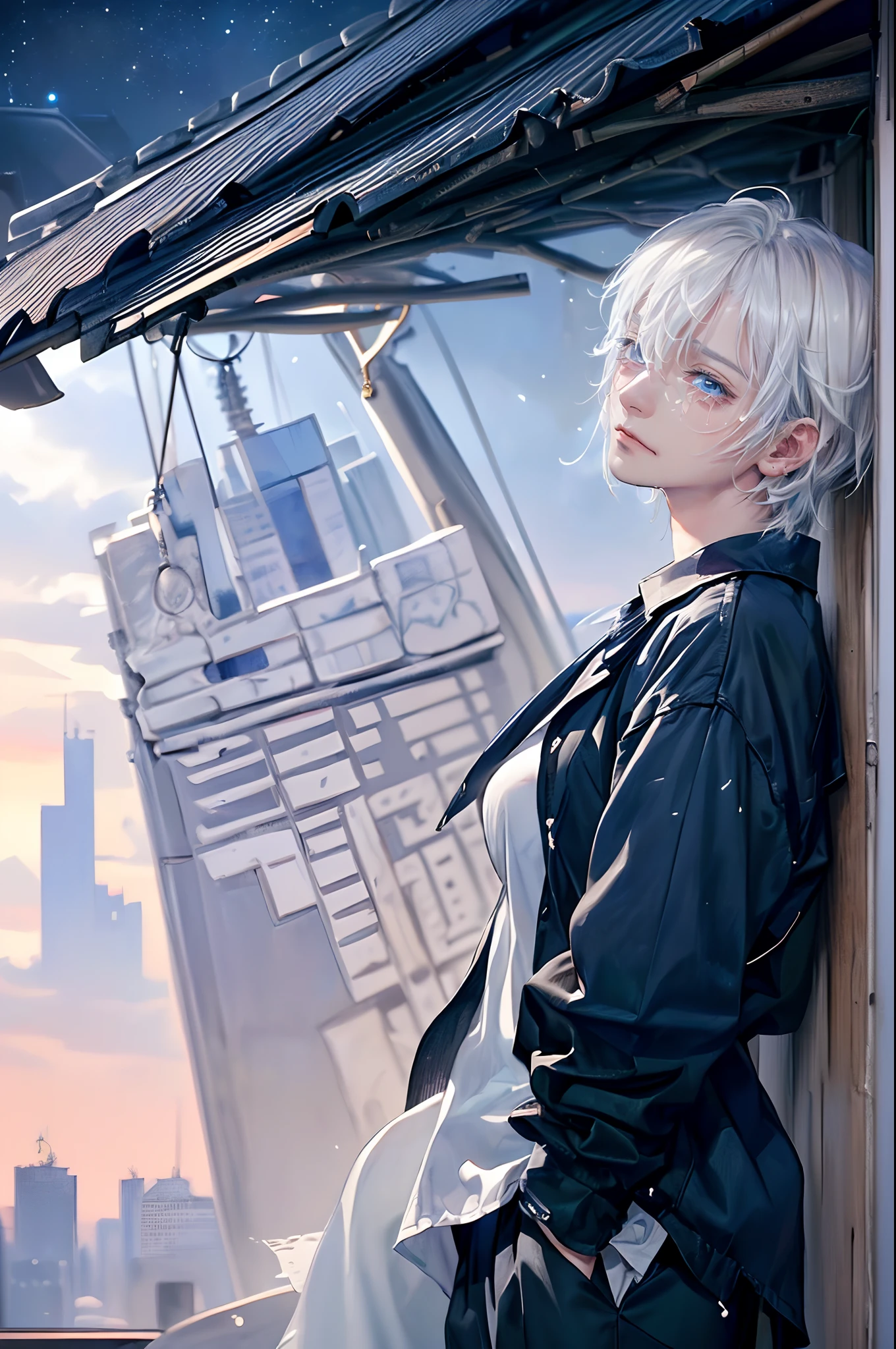 ((4K works))、​masterpiece、(top-quality)、One beautiful boy、Slim body、tall、((Black Y-shirt and white pants、Charming British knight style))、Please wear one jacket、(Detailed beautiful eyes)、Fantastic Night City、((City under the stars))、Fantastic city at midnight、((Face similar to Carly Rae Jepsen))、((Short-haired white hair))、((Smaller face))、((Neutral face))、((Bright blue eyes))、((American adult male))、((Adult male 26 years old))、((Cool Men))、((Like a celebrity))、((Crying expression))、((sad look))、((Korean Makeup))、((elongated and sharp eyes))、((Happy dating))、((boyish))、((Upper body photography))、Professional Photos、((Shot alone))、((She is looking up at the sky under the roof))、((Shot from the side))、((Crying profile))、((Face crying in pain))、((He is looking upwards))、((His eyes are looking down))、((He stands next to the viewer))、((He who cries))、I'm crying on a stick.、Man crying while standing、Solitude、saddened、desolate、suffocating、heartbreaking、auw、Tears dripping on the cheeks