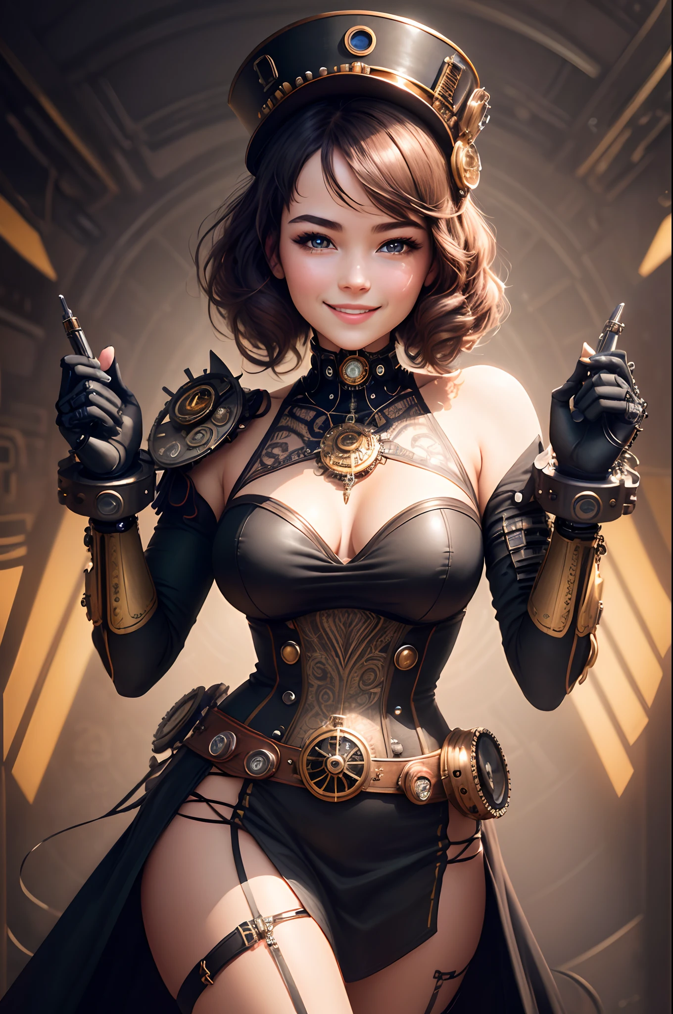 1 smiling girl with steampunk bionic arms, Captured in ultra high resolution with photorealistic and beautiful lighting. This masterpiece is of the best quality and is located on an abstract zentangle background (weighted to 1.4).