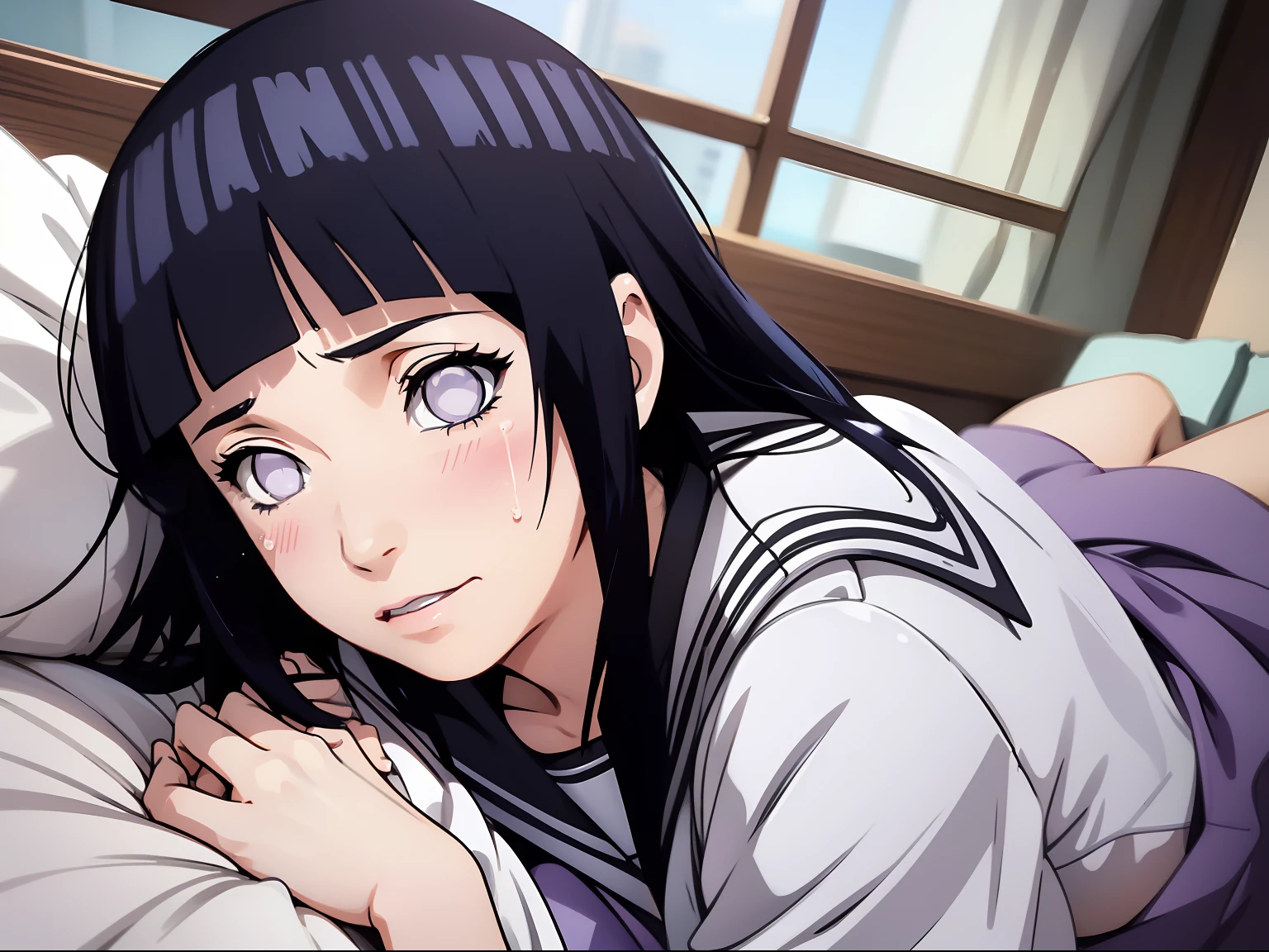 Made， absurderes， Hinata\（Boruto\）， 1girll， Wear a student uniform，a sailor suit，Wear a school uniform， Sad smile, Super realistic, Detailed, photoshoot, Realistick faces and bodies，（perspire，Sweat a lot，Blushlush，Be red in the face，I had a lot of sweat on my face，Blushlush），（Bigboobs），In luxury hotels，Lie down in bed，Enchanting pose，