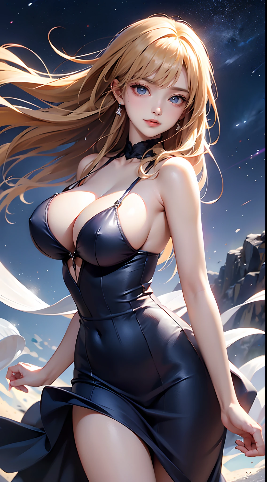 tmasterpiece,best qualtiy,8K,k hd,1 German girl,Human children,Asuka Langley Soryu,((sketching,solidcolor,Childish painting style,hiyao miyazaki,exquisite detailing)),ar old,ng,Solo,Chu Chu pitiful, gigantic cleavage breasts:1.3,Eyes sparkle,sharp sharp eyes,(glowing light eyes:1.233),((Long orange hair)),Show the legs,Light smile,((Transparent navy blue gauze dress,Extremely light gauze skirt,Dynamic dance moves,No bra,Abundant silver jewelry,Beautiful distant mountains and starry sky background)),(beautiful and detailed eye:1.3,looking to the camera),Blushlush,Back lens:1.3