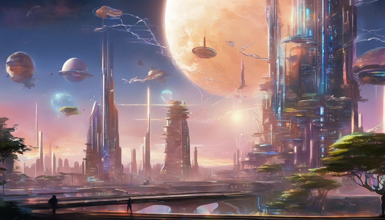 cyber punk perssonage、Cidade futuristica、planet earth、Skyscrapers piercing clouds cyberpunk.ＳＦart by、Utopian city、megacity、Dream、top-quality、tmasterpiece、Beautiful futuristic city，Golden clouds，the setting sun