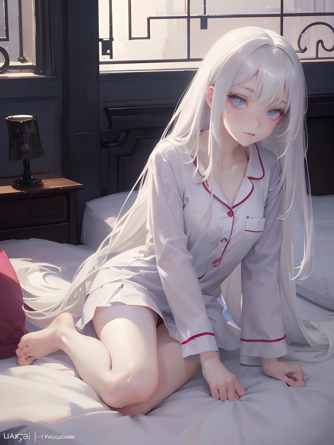 masutepiece, Highest Quality, (Perfect face:1.1), (high detailing:1.1), (ultradetailed eyes), Dramatic, superfine illustration, Extremely detailed, 1girl in, (pale skin), long white hair, Ethereal eyes, (light eyebrow), Solo, Long hair, Pouty lips, Proud Expression, Cinematic lighting, on the bed, pajamas, Laughing, in the room