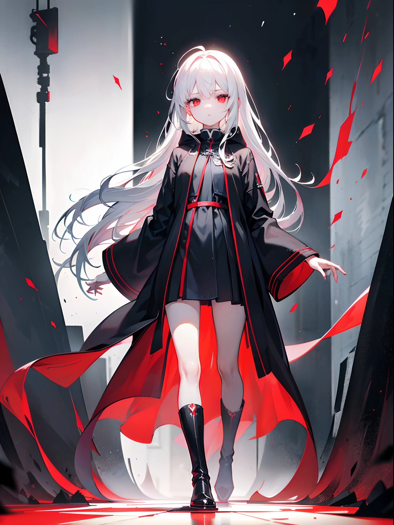 (tmasterpiece,best qualtiy,style of anime,a sense of atmosphere,cg render,Standing painting,Ray traching,sci-fy,Particle)(White color hair,long whitr hair,hair straight,red pupils,Black hated robe,Black boots,Surrounded by red particles,Non-juveniles,Rectify the agreement,expressionless)(Solo)
