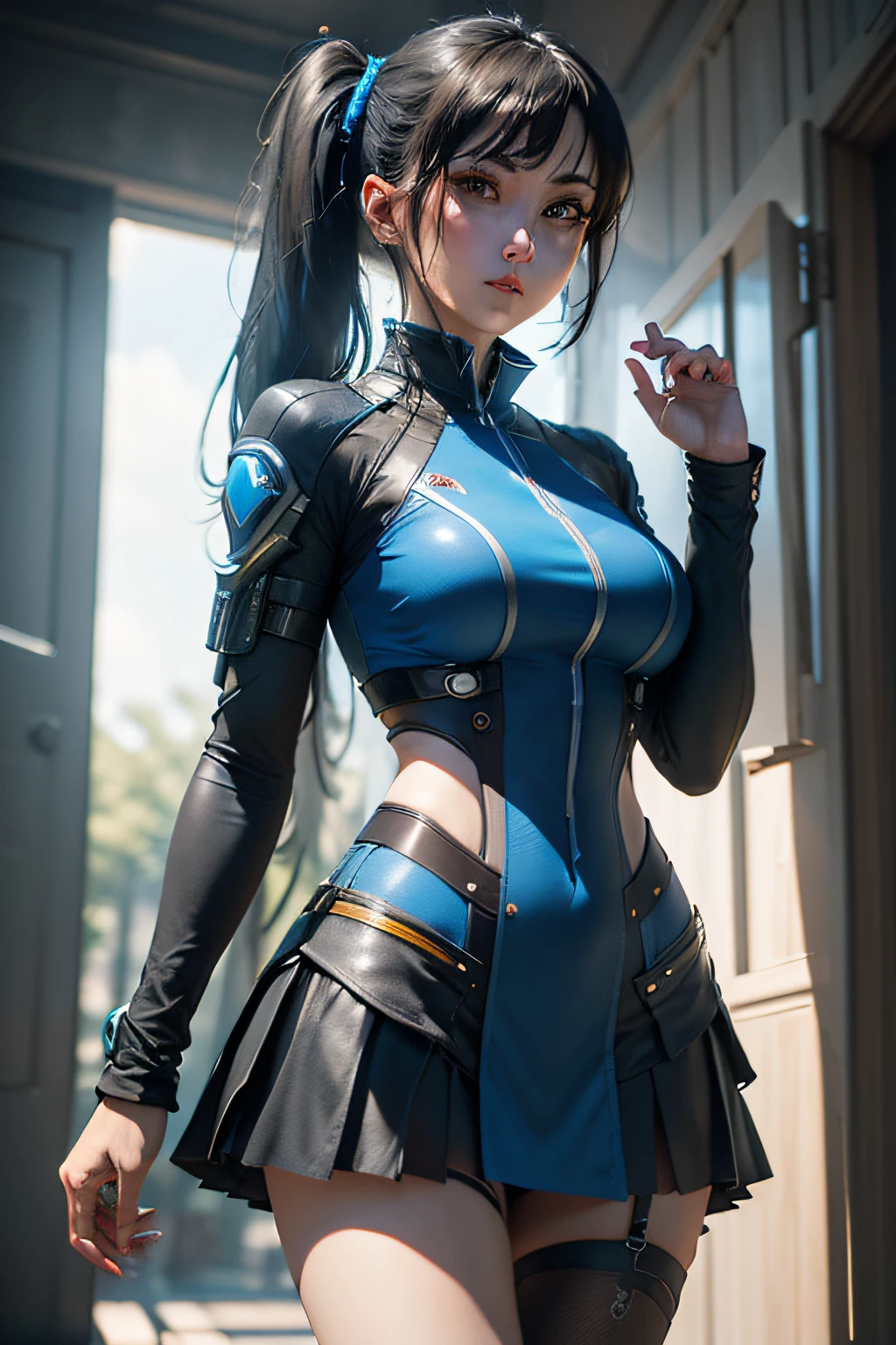 ((top-quality)), ((masterpiece)), (detaileds:1.4), 。.。.。.。Blue LED is glowing、.3D, Blue Eyes Slender、Short skirt with blue LED、Twintail hairstyle,Beautiful Cyberpunk Woman Image,nffsw(HighDynamicRange),Ray traching,NVIDIA RTX,Hyper-Resolution,Unreal 5,Sub-surface scattering,PBR Texturing,Postprocess,Anisotropy Filtering,depth of fields,Maximum clarity and sharpness,multi-layer texture,Albedo and specular maps,Surface Shading,Accurate simulation of light-material interactions,perfectly proportions,Octane Rendering,Two-tone lighting,Wide aperture,Low ISO、White Balance、thirds rule、8K Raw、