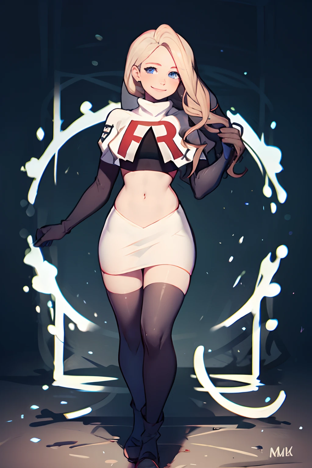 defMercedes, rocket,team rocket uniform, red letter R, white skirt,white crop top,black thigh-highs,black elbow gloves, smile