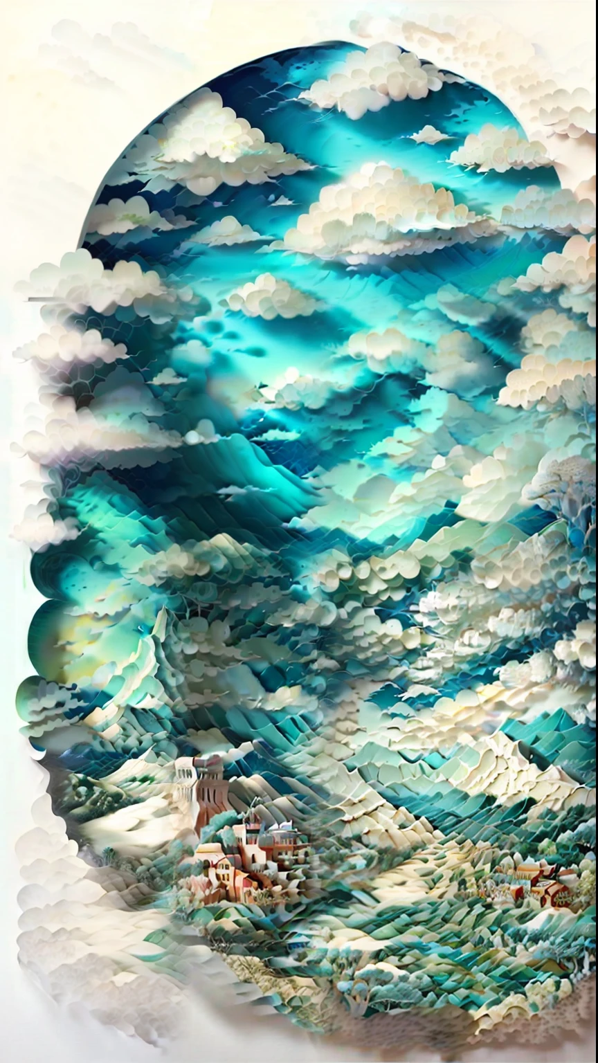 paper art，with blue sky and white clouds，Green Mountains and Green Water，terraced，