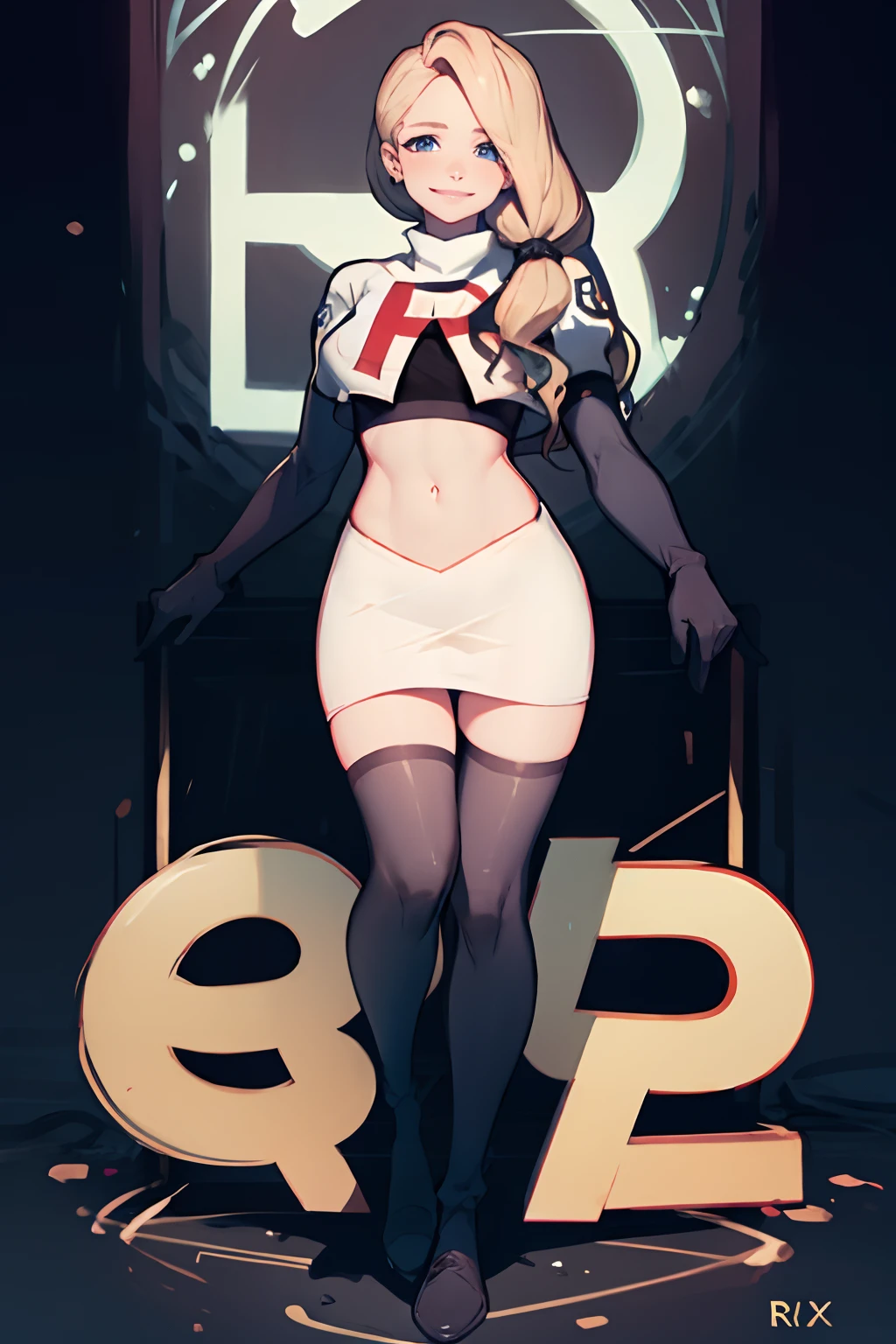 defMercedes, rocket,team rocket uniform, red letter R, white skirt,white crop top,black thigh-highs,black elbow gloves, smile