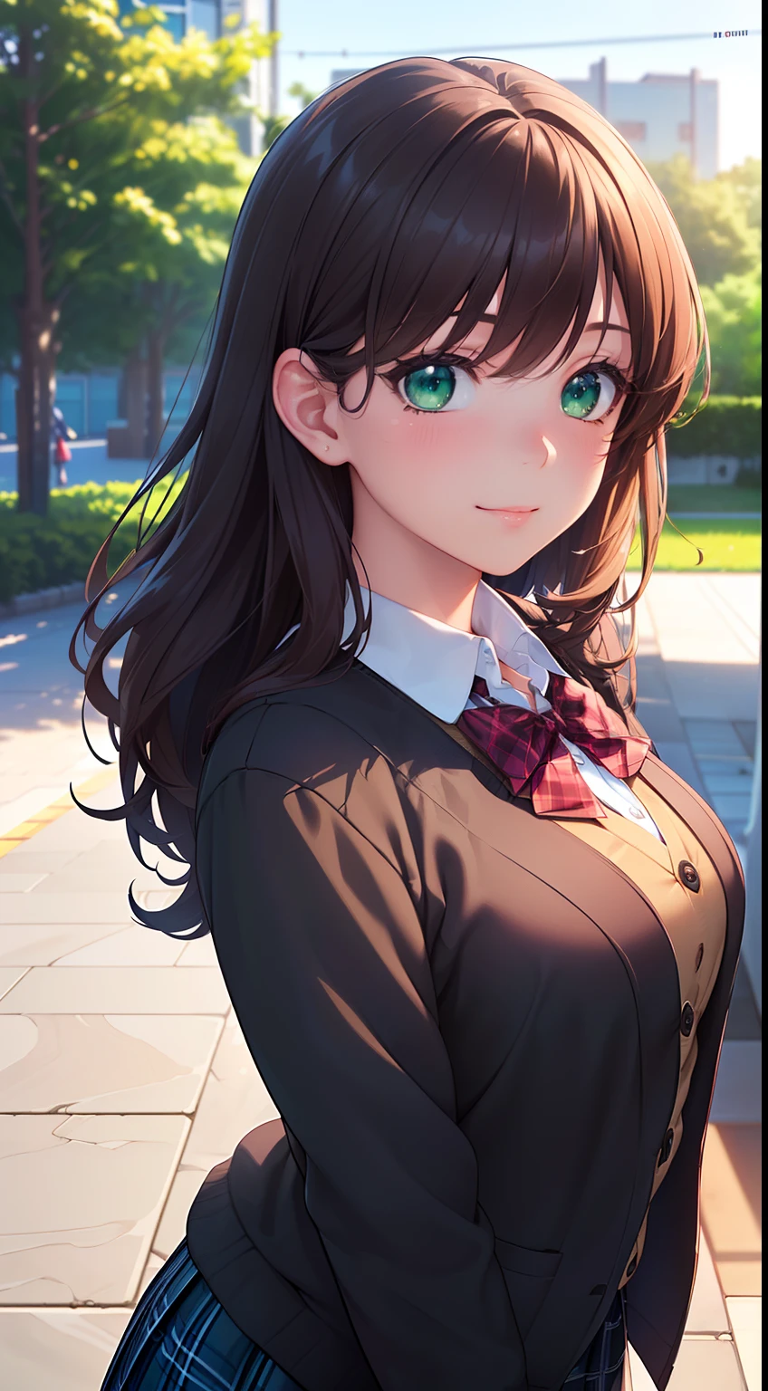 ((masterpiece, best quality, highres, UHD, perfect pixel, depth of field, 4k, RTX, HDR))), 1girl, single, solo, beautiful anime girl, beautiful artstyle, anime character, ((long hair, bangs, brown hair, curly hair:0.8)), ((green eyes:1.4, rounded eyes, beautiful eyelashes, realistic eyes)), ((detailed face, blushing:1.2)), ((smooth texture:0.75, realistic texture:0.65, photorealistic:1.1, anime CG style)), medium breasts, dynamic angle, perfect body, ((portrait, pov)), ((red bowtie, school uniform, black jacket, open jacket, brown cardigan, white shirt, black skirt, plaid skirt)), smile, amusement park